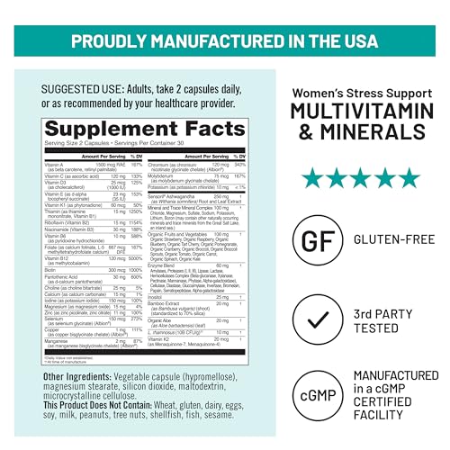 NatureWise Multivitamin for Women + Stress Support with Organic Whole Foods & Natural Minerals - B-Complex + Vitamin C + D3 K2 for Immunity, Hair, Skin & Nails - Non-GMO - 60 Capsules[30-Day Supply] - TrustMedUSA