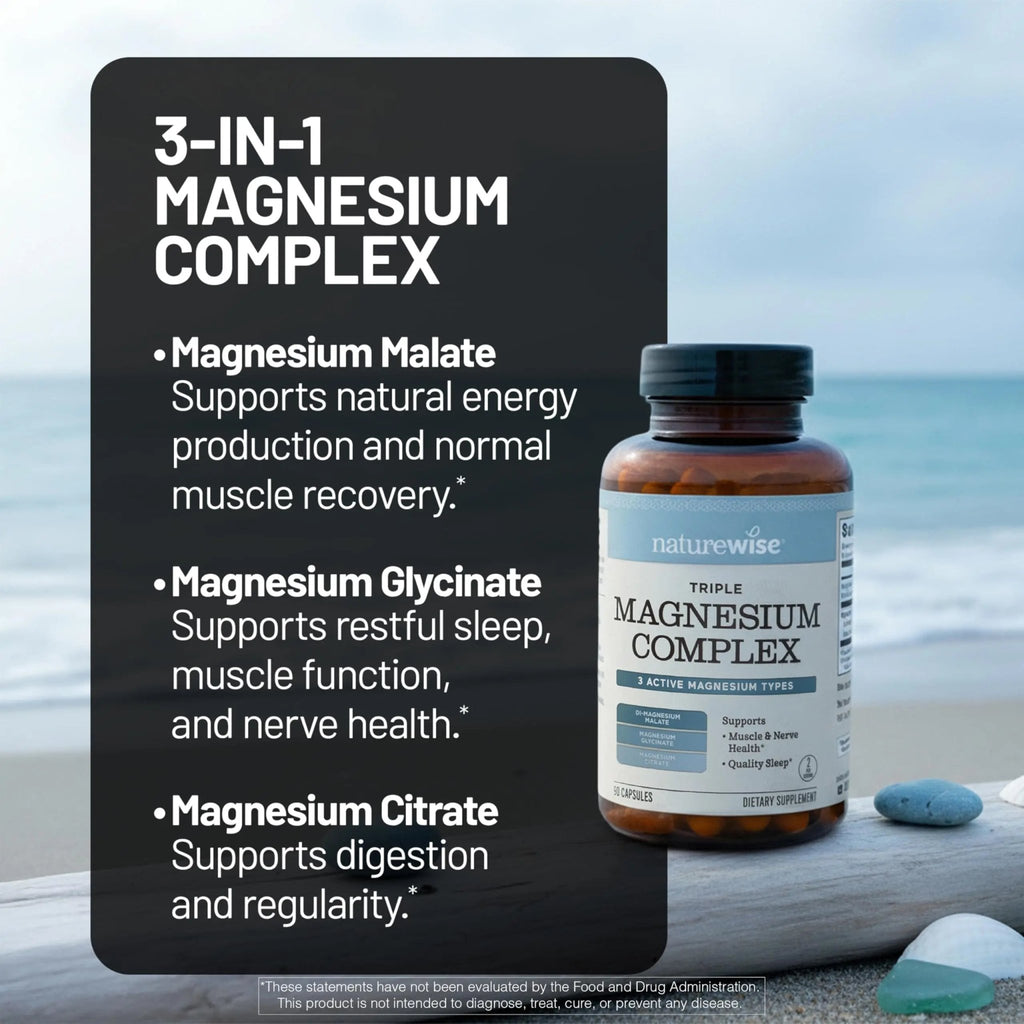 NatureWise Triple Magnesium Complex - High Absorption Magnesium Glycinate + Malate + Citrate for Muscle Nerve & Sleep Support - Vegan 90 Capsules - TrustMedUSA