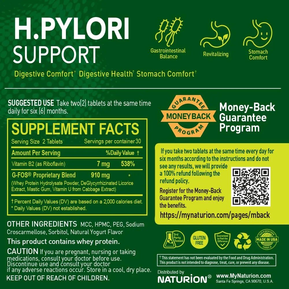 NATURION H. Pylori Support - Digestive Health Supplement with G-FOS Blend, Whey Protein, Licorice, Mastic Gum, Vitamin U, and Vitamin B2 - Stomach Comfort & Gut Balance - 60 Tablets, 30 Day Supply - TrustMedUSA