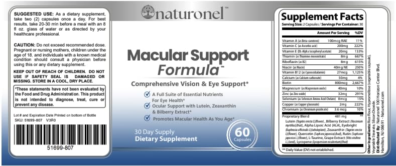 Naturonel Macular Support Formula – Vision & Eye Health with Lutein, Zeaxanthin, Bilberry, Eyebright & Antioxidants | Non-GMO, Made in USA, GMP Certified – 60 Capsules, 30 Day Supply (1) - TrustMedUSA
