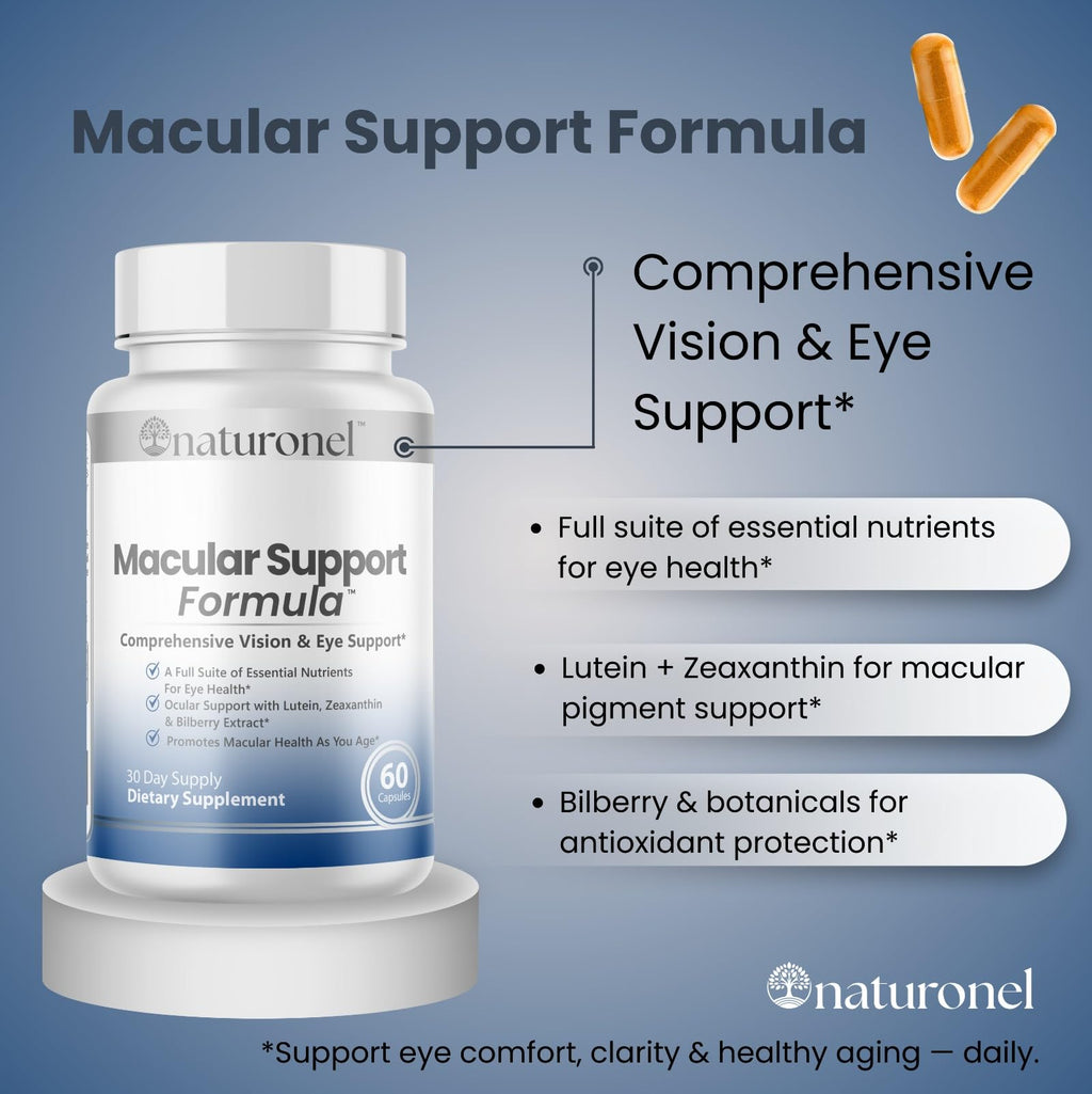 Naturonel Macular Support Formula – Vision & Eye Health with Lutein, Zeaxanthin, Bilberry, Eyebright & Antioxidants | Non-GMO, Made in USA, GMP Certified – 60 Capsules, 30 Day Supply (1) - TrustMedUSA
