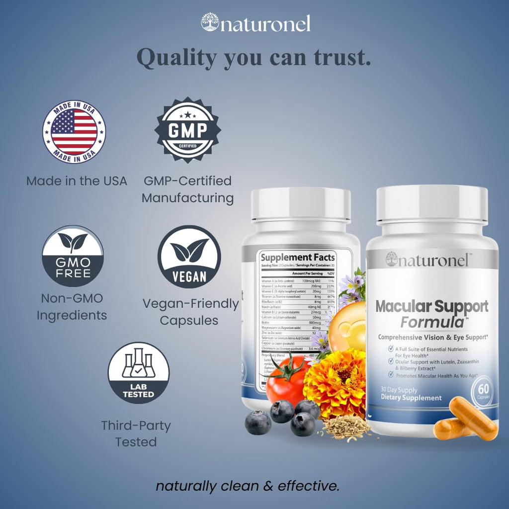 Naturonel Macular Support Formula – Vision & Eye Health with Lutein, Zeaxanthin, Bilberry, Eyebright & Antioxidants | Non-GMO, Made in USA, GMP Certified – 60 Capsules, 30 Day Supply (1) - TrustMedUSA