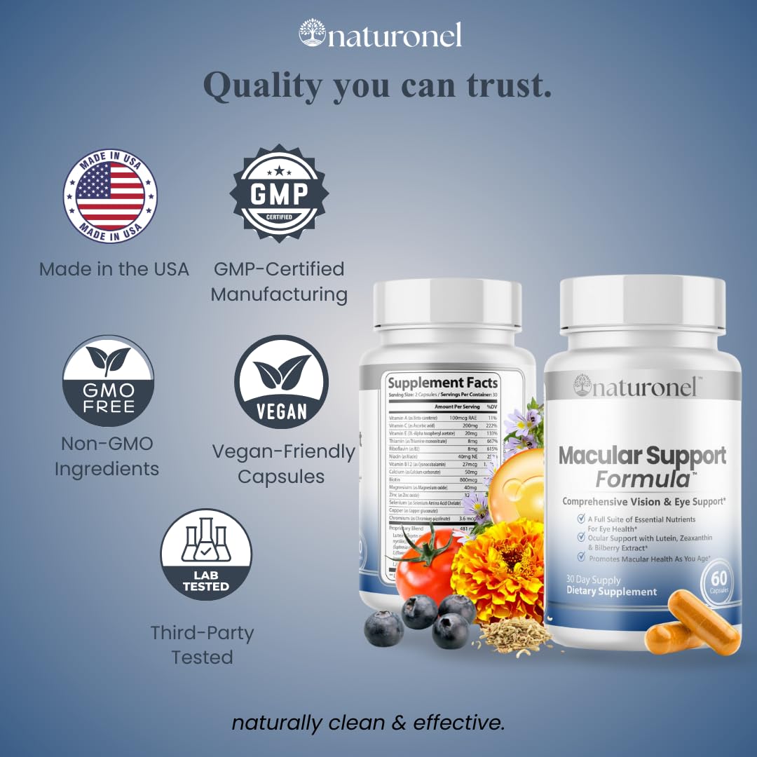 Naturonel Macular Support Formula – Vision & Eye Health with Lutein, Zeaxanthin, Bilberry, Eyebright & Antioxidants | Non-GMO, Made in USA, GMP Certified – 60 Capsules, 30 Day Supply (1) - TrustMedUSA
