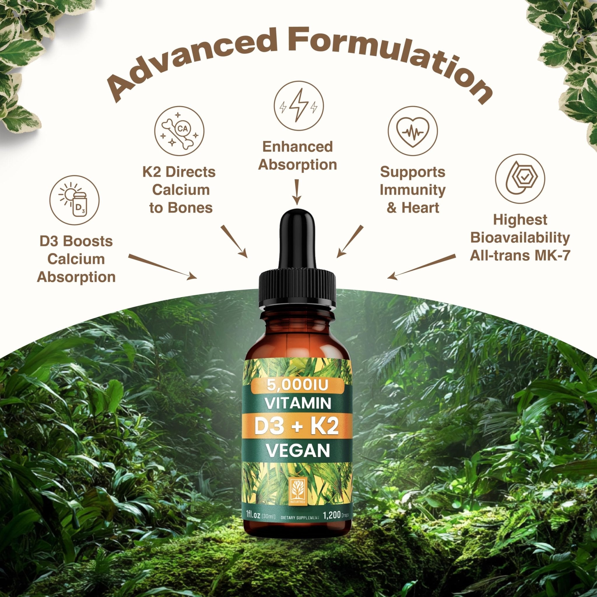 NATURTREU Vegan Vitamin D3 K2 Liquid Drops with MCT Oil for Adults (240 Servings) - Liquid Vitamin D K2 MK7 - All Natural, Non-GMO & Dr Formulated with 3X More Absorption - Third-Party Tested - TrustMedUSA