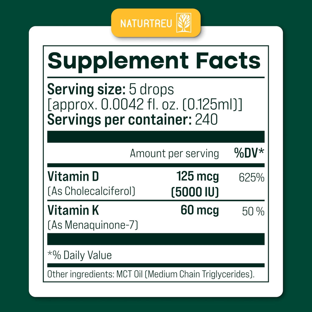 NATURTREU Vegan Vitamin D3 K2 Liquid Drops with MCT Oil for Adults (240 Servings) - Liquid Vitamin D K2 MK7 - All Natural, Non-GMO & Dr Formulated with 3X More Absorption - Third-Party Tested - TrustMedUSA