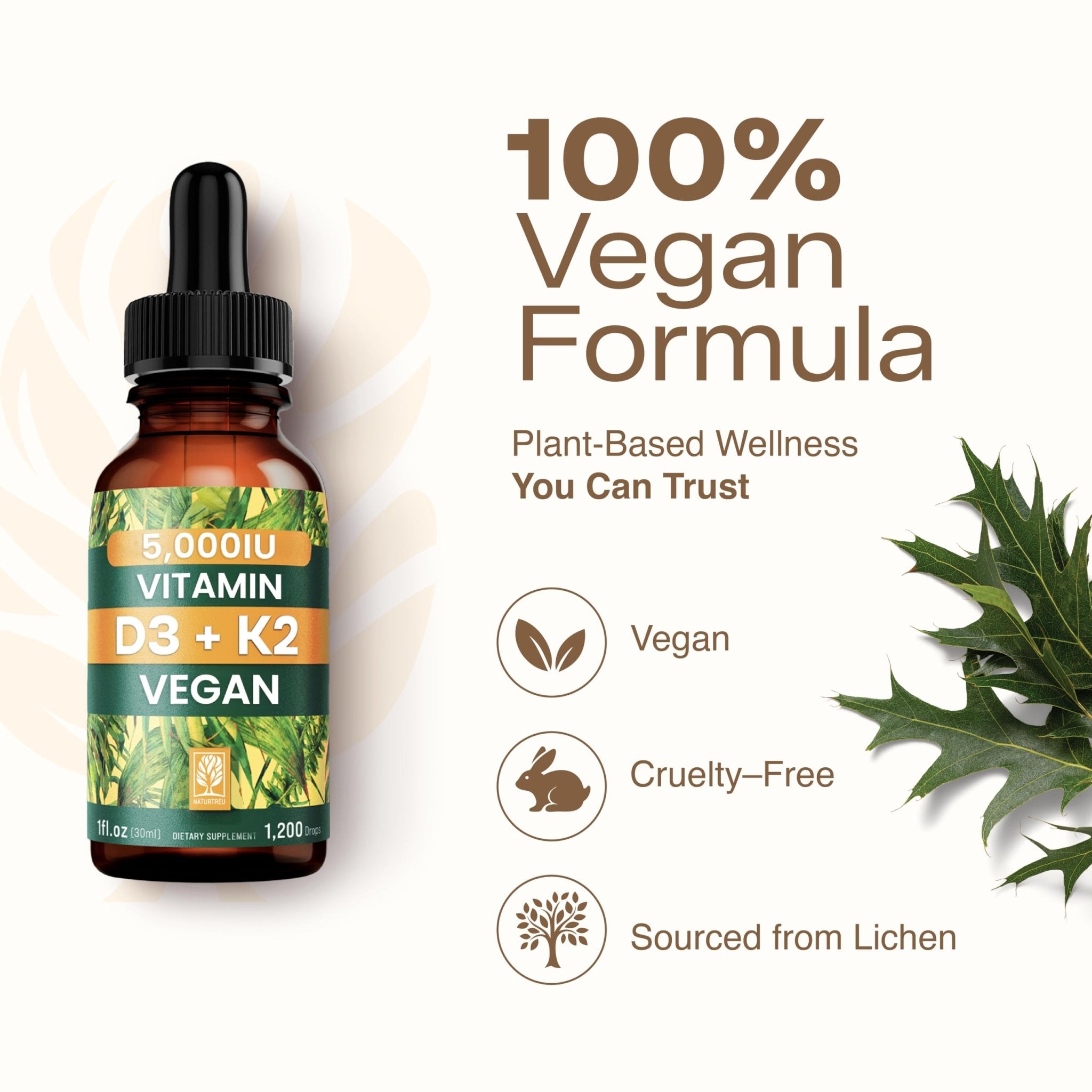 NATURTREU Vegan Vitamin D3 K2 Liquid Drops with MCT Oil for Adults (240 Servings) - Liquid Vitamin D K2 MK7 - All Natural, Non-GMO & Dr Formulated with 3X More Absorption - Third-Party Tested - TrustMedUSA