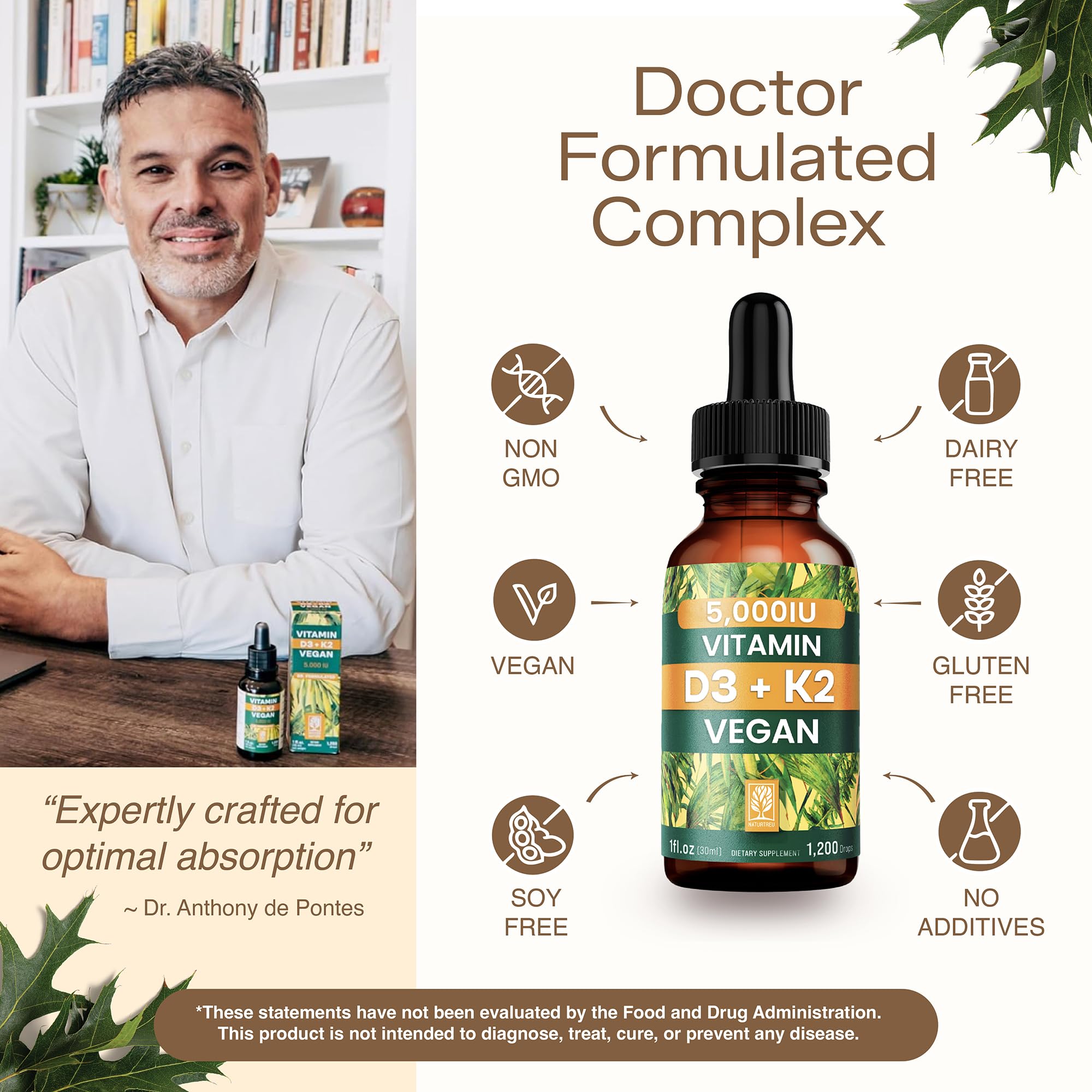 NATURTREU Vegan Vitamin D3 K2 Liquid Drops with MCT Oil for Adults (240 Servings) - Liquid Vitamin D K2 MK7 - All Natural, Non-GMO & Dr Formulated with 3X More Absorption - Third-Party Tested - TrustMedUSA