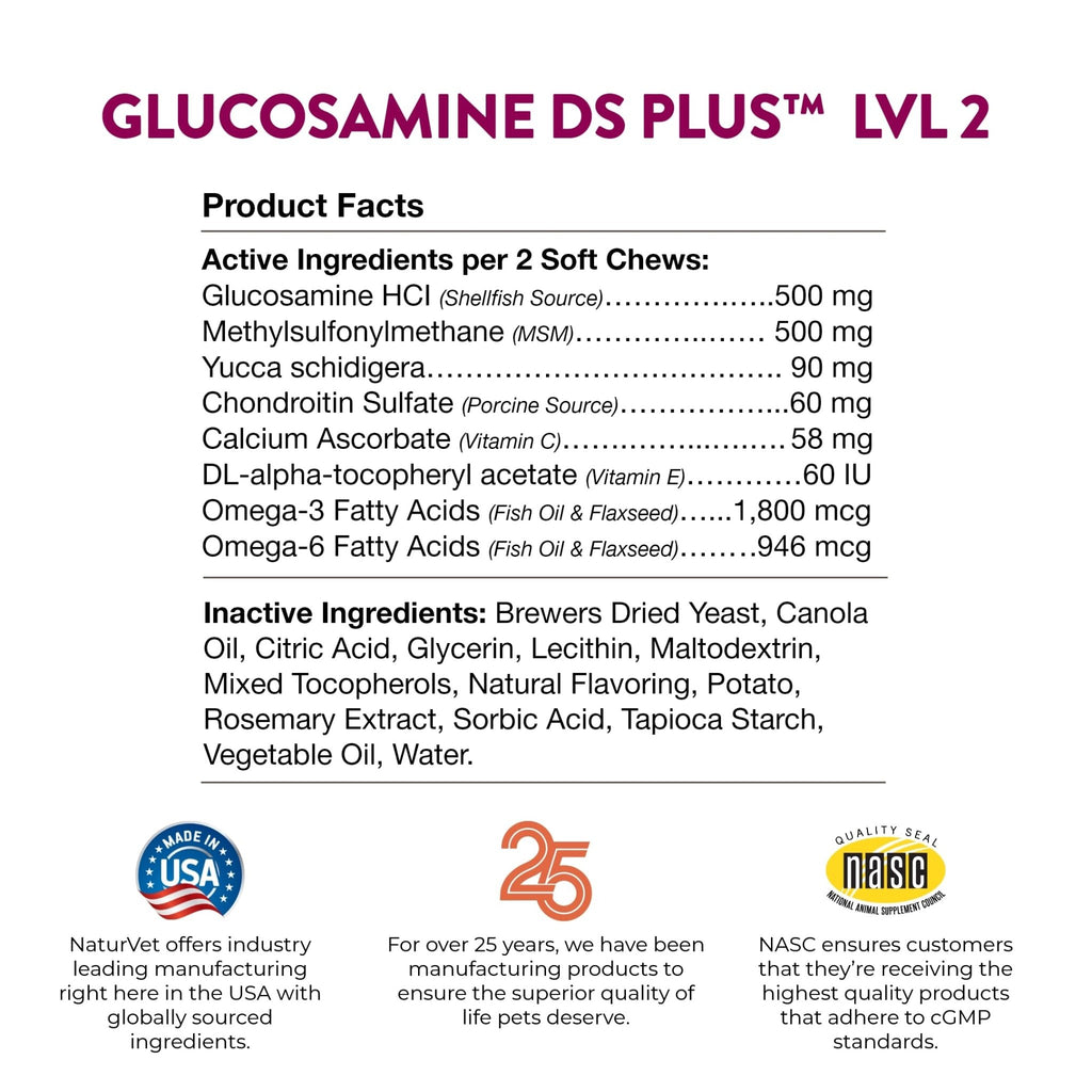 NaturVet – Glucosamine DS Plus - Level 2 Moderate Care – Supports Healthy Hip & Joint Function – Enhanced with Glucosamine, MSM & Chondroitin – for Dogs & Cats–120 Soft Chews - TrustMedUSA