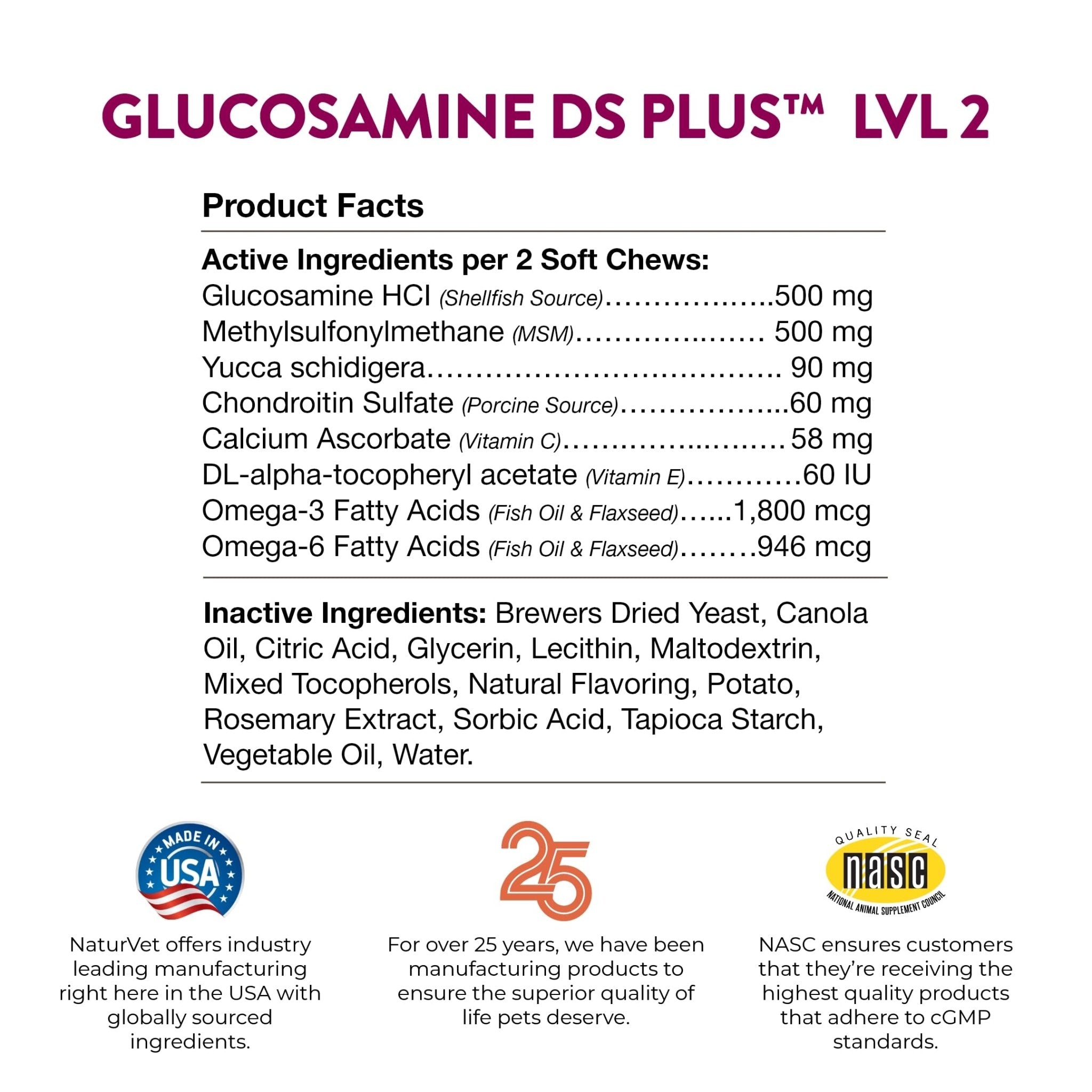 NaturVet – Glucosamine DS Plus - Level 2 Moderate Care – Supports Healthy Hip & Joint Function – Enhanced with Glucosamine, MSM & Chondroitin – for Dogs & Cats–120 Soft Chews - TrustMedUSA