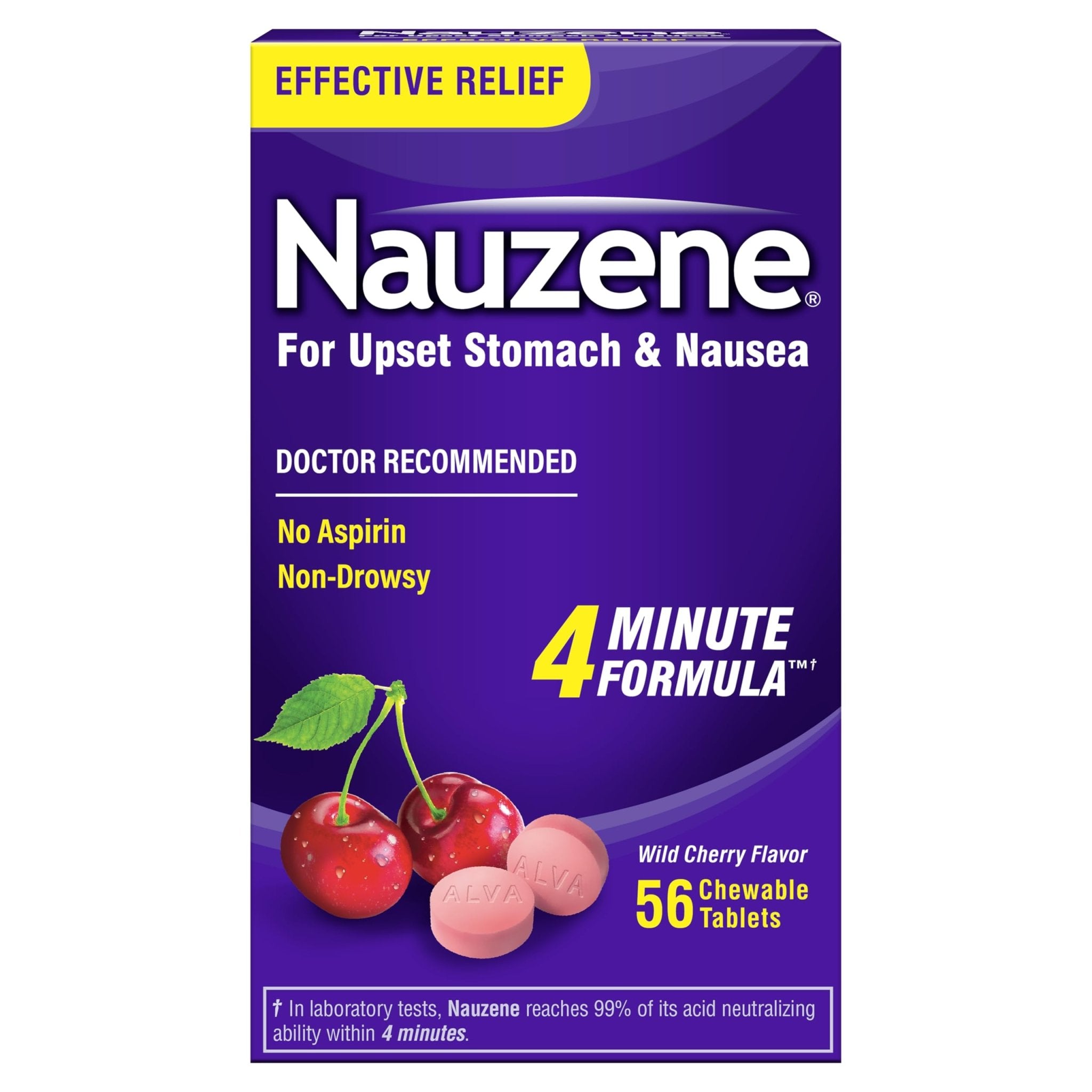 Nauzene Non-Drowsy Upset Stomach & Nausea Relief Chewable Tablets | 4-Minute Formula | Doctor Recommended | Wild Cherry Flavor | 56 Count - Maple Wellness Supplements