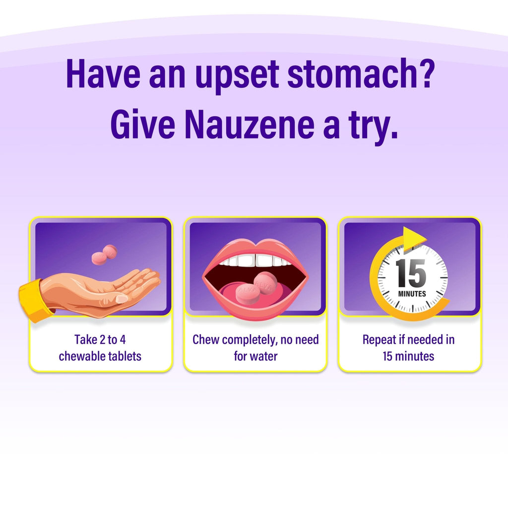 Nauzene Non-Drowsy Upset Stomach & Nausea Relief Chewable Tablets | 4-Minute Formula | Doctor Recommended | Wild Cherry Flavor | 56 Count - Maple Wellness Supplements