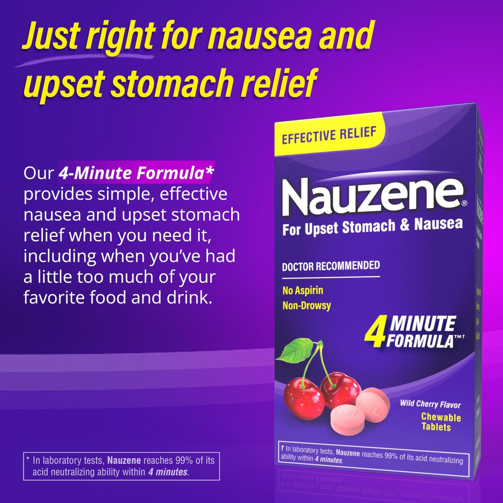 Nauzene Non-drowsy Upset Stomach & Nausea Relief Chewable Tablets - Fast-Acting Relief in 4 Minutes - Doctor Recommended - Wild Cherry Flavor, 42 ct - Maple Wellness Supplements