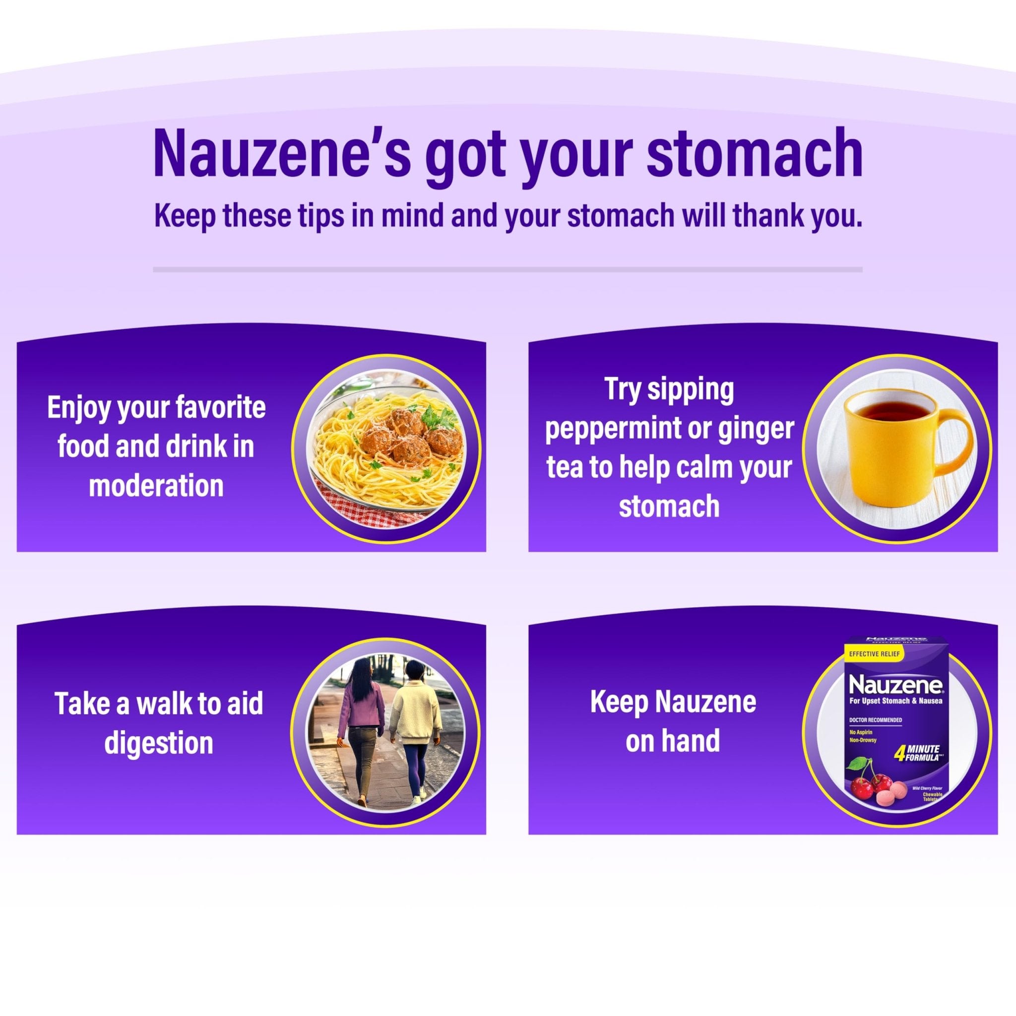 Nauzene Non-drowsy Upset Stomach & Nausea Relief Chewable Tablets - Fast-Acting Relief in 4 Minutes - Doctor Recommended - Wild Cherry Flavor, 42 ct - Maple Wellness Supplements