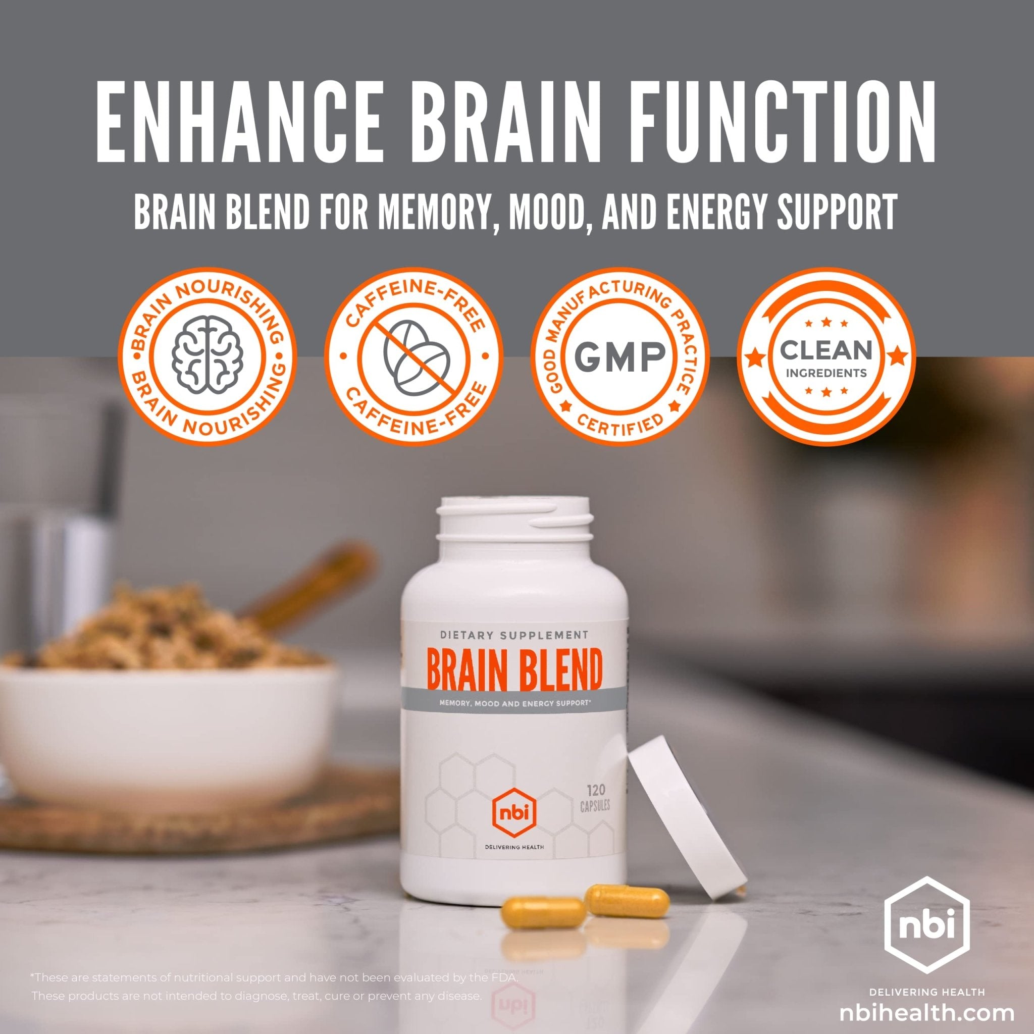 NBI Brain Blend for Memory, Focus, Concentration, Cognitive Function for Men & Women | Caffeine-Free with ALCAR, Alpha Lipoic Acid, Huperzine A, Turmeric | Nootropic | 120ct Capsules - TrustMedUSA