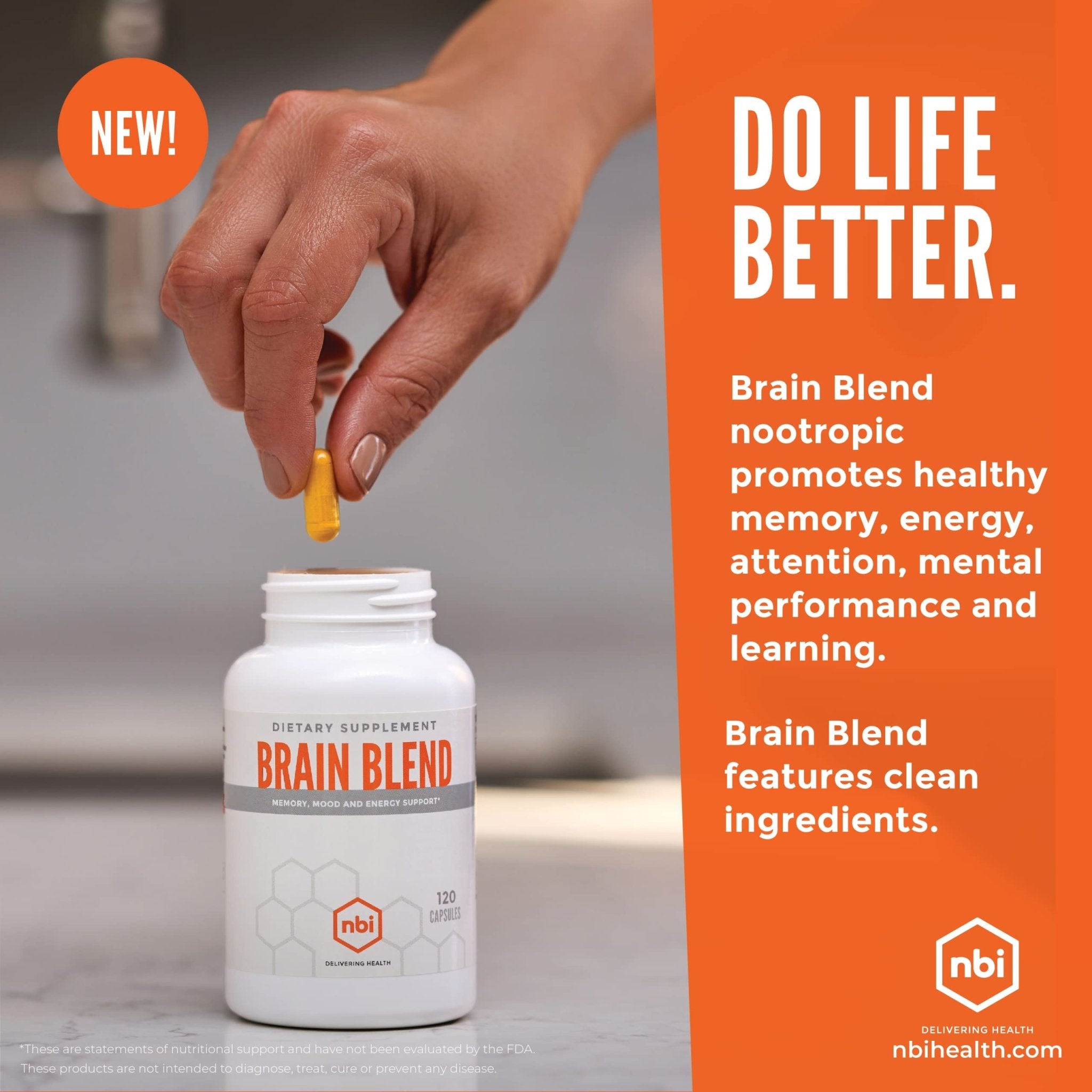 NBI Brain Blend for Memory, Focus, Concentration, Cognitive Function for Men & Women | Caffeine-Free with ALCAR, Alpha Lipoic Acid, Huperzine A, Turmeric | Nootropic | 120ct Capsules - TrustMedUSA