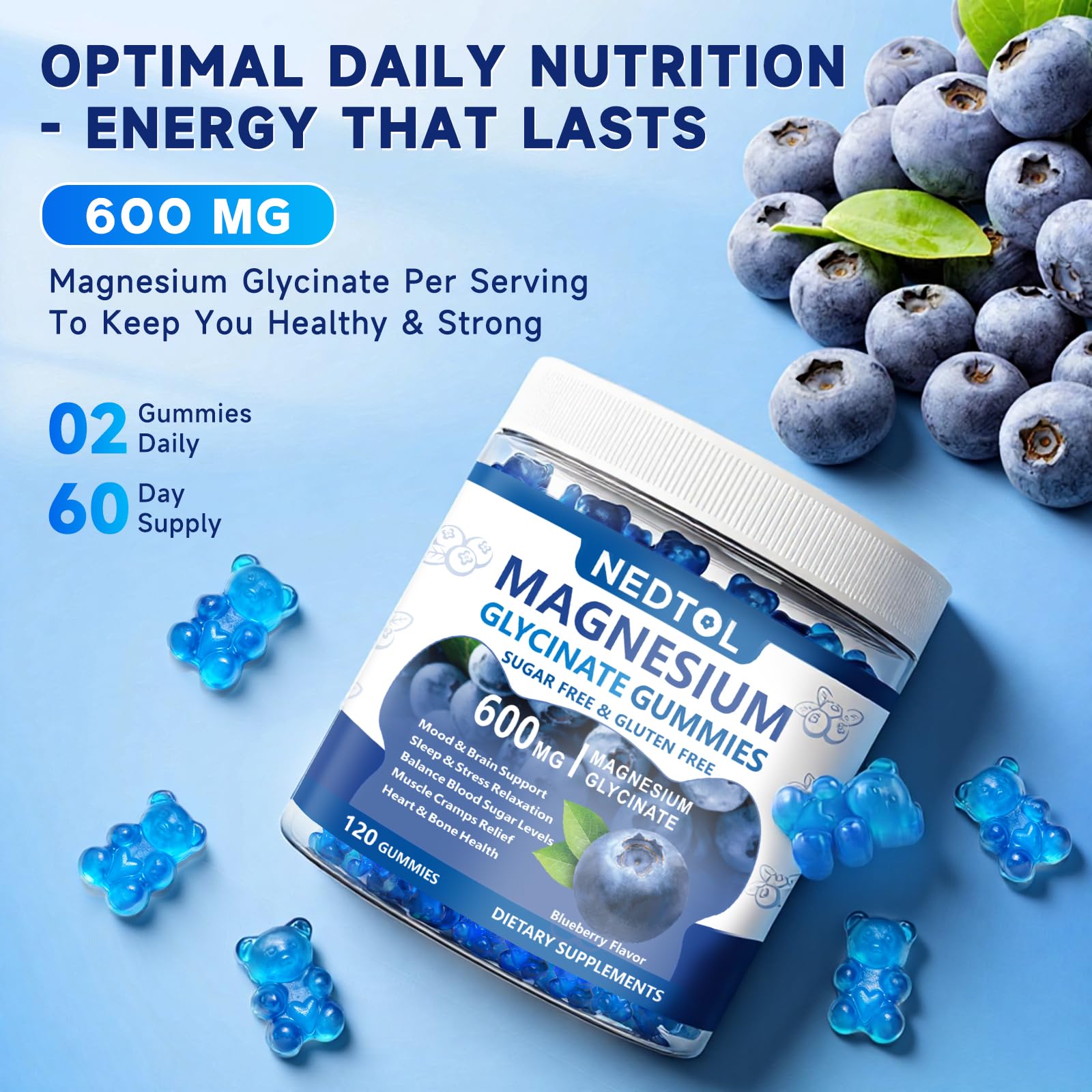 Nedtol Magnesium Glycinate Gummies 600mg, Sugar Free Magnesium Potassium Supplement for Adults with Magnesium L-Threonate, Vitamin D, B6,and CoQ10 for Sleep, Body Support and Relaxation,120 Count - TrustMedUSA