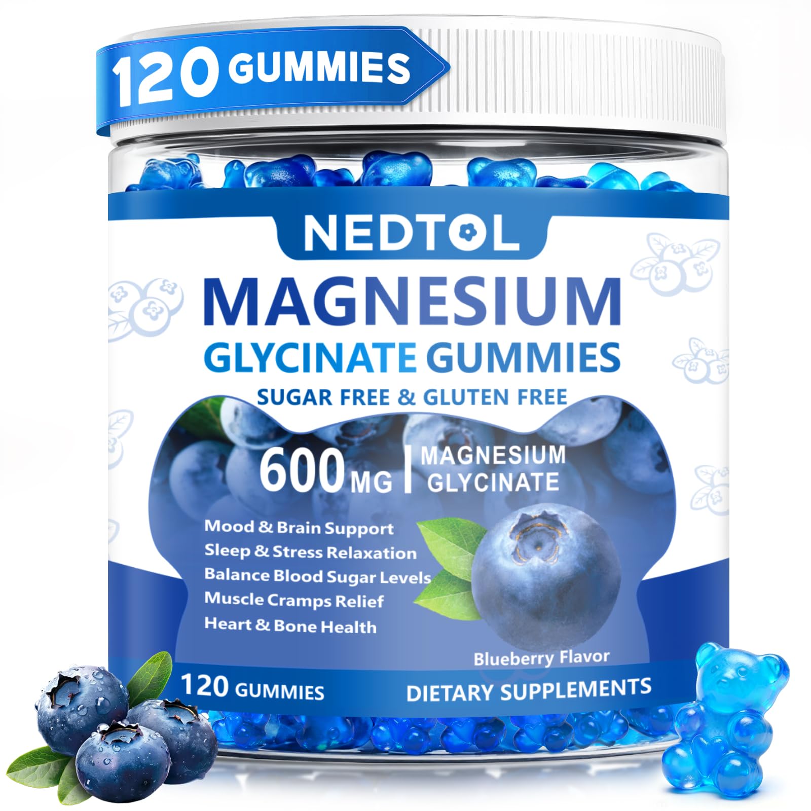 Nedtol Magnesium Glycinate Gummies 600mg, Sugar Free Magnesium Potassium Supplement for Adults with Magnesium L-Threonate, Vitamin D, B6,and CoQ10 for Sleep, Body Support and Relaxation,120 Count - TrustMedUSA