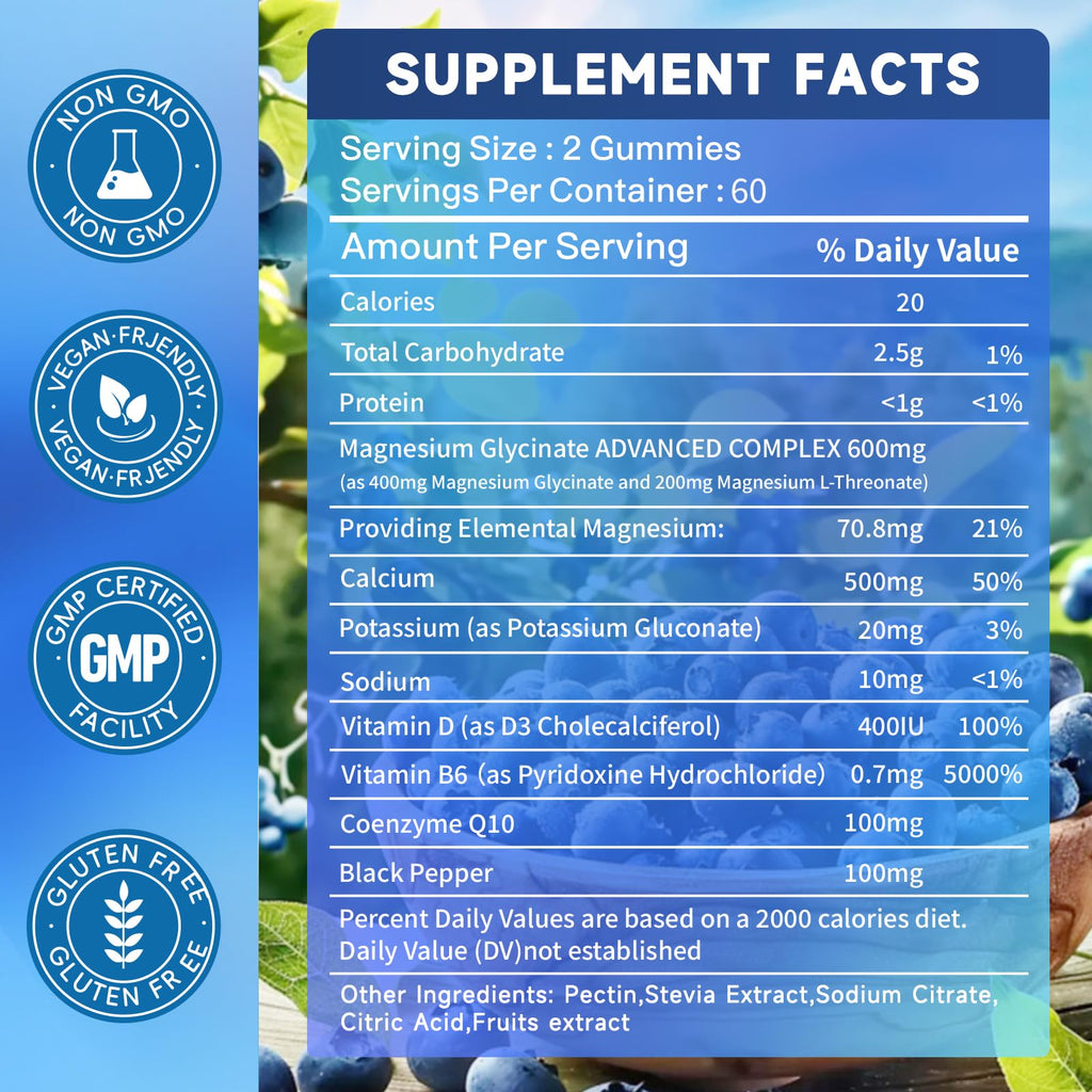 Nedtol Magnesium Glycinate Gummies 600mg, Sugar Free Magnesium Potassium Supplement for Adults with Magnesium L-Threonate, Vitamin D, B6,and CoQ10 for Sleep, Body Support and Relaxation,120 Count - TrustMedUSA