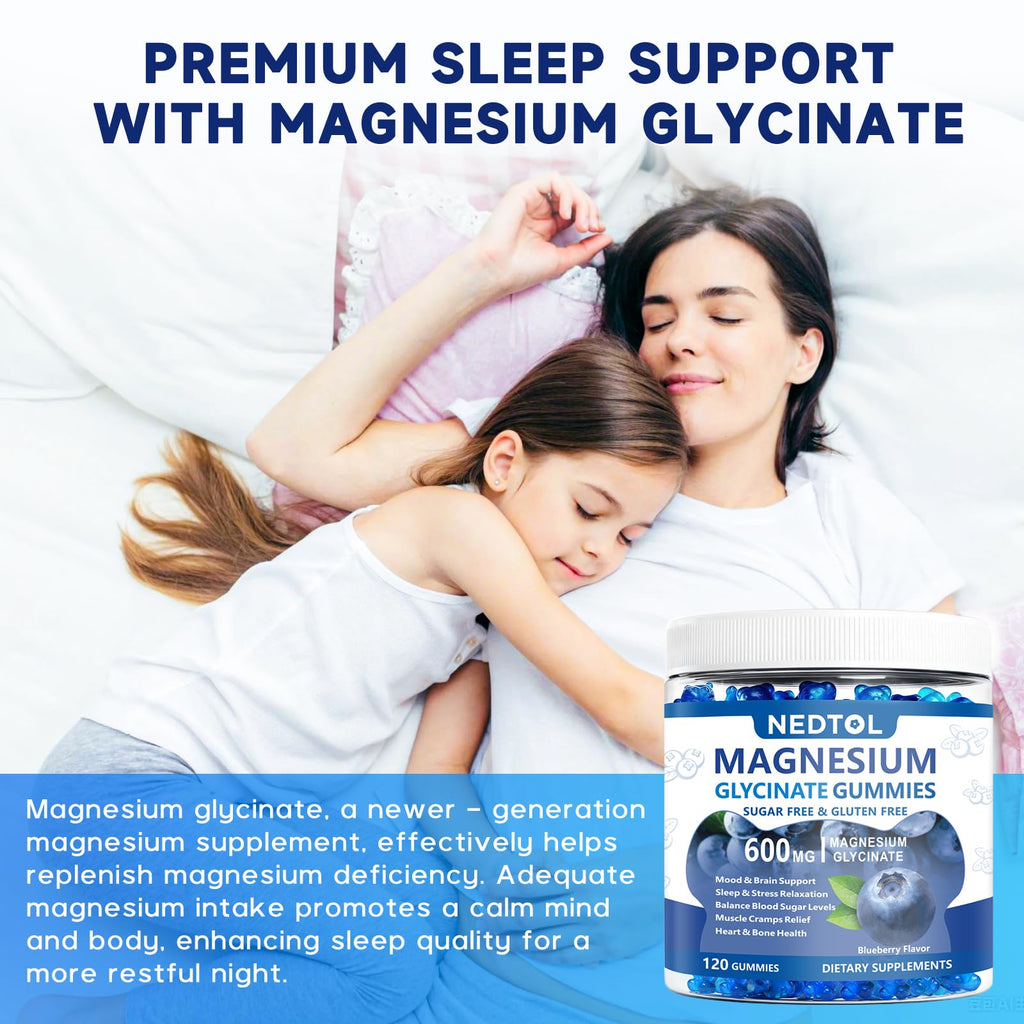 Nedtol Magnesium Glycinate Gummies 600mg, Sugar Free Magnesium Potassium Supplement for Adults with Magnesium L-Threonate, Vitamin D, B6,and CoQ10 for Sleep, Body Support and Relaxation,120 Count - TrustMedUSA