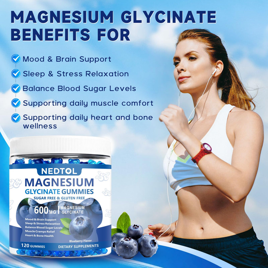 Nedtol Magnesium Glycinate Gummies 600mg, Sugar Free Magnesium Potassium Supplement for Adults with Magnesium L-Threonate, Vitamin D, B6,and CoQ10 for Sleep, Body Support and Relaxation,120 Count - TrustMedUSA