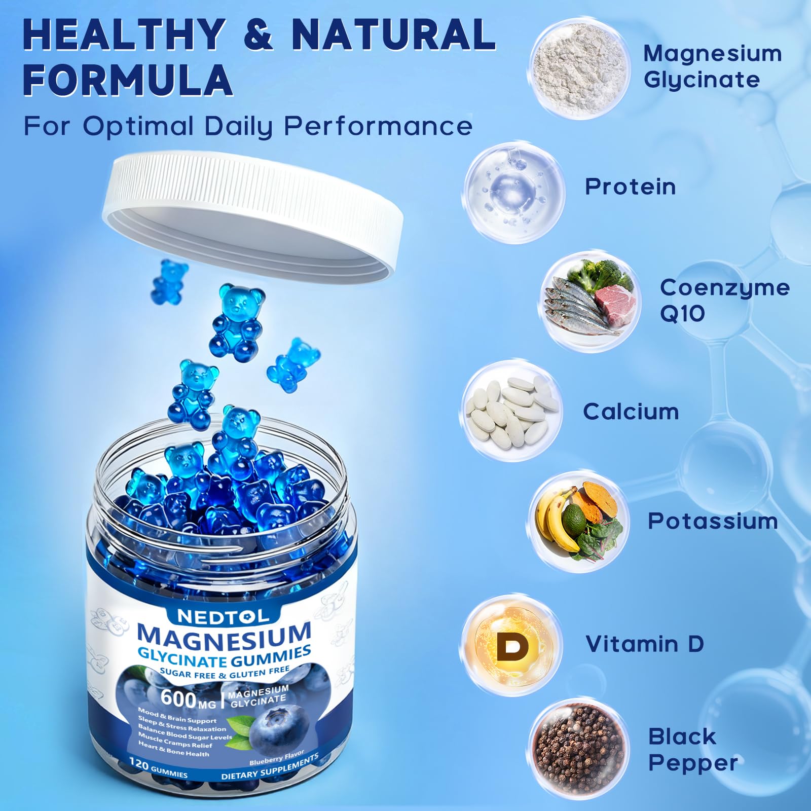 Nedtol Magnesium Glycinate Gummies 600mg, Sugar Free Magnesium Potassium Supplement for Adults with Magnesium L-Threonate, Vitamin D, B6,and CoQ10 for Sleep, Body Support and Relaxation,120 Count - TrustMedUSA