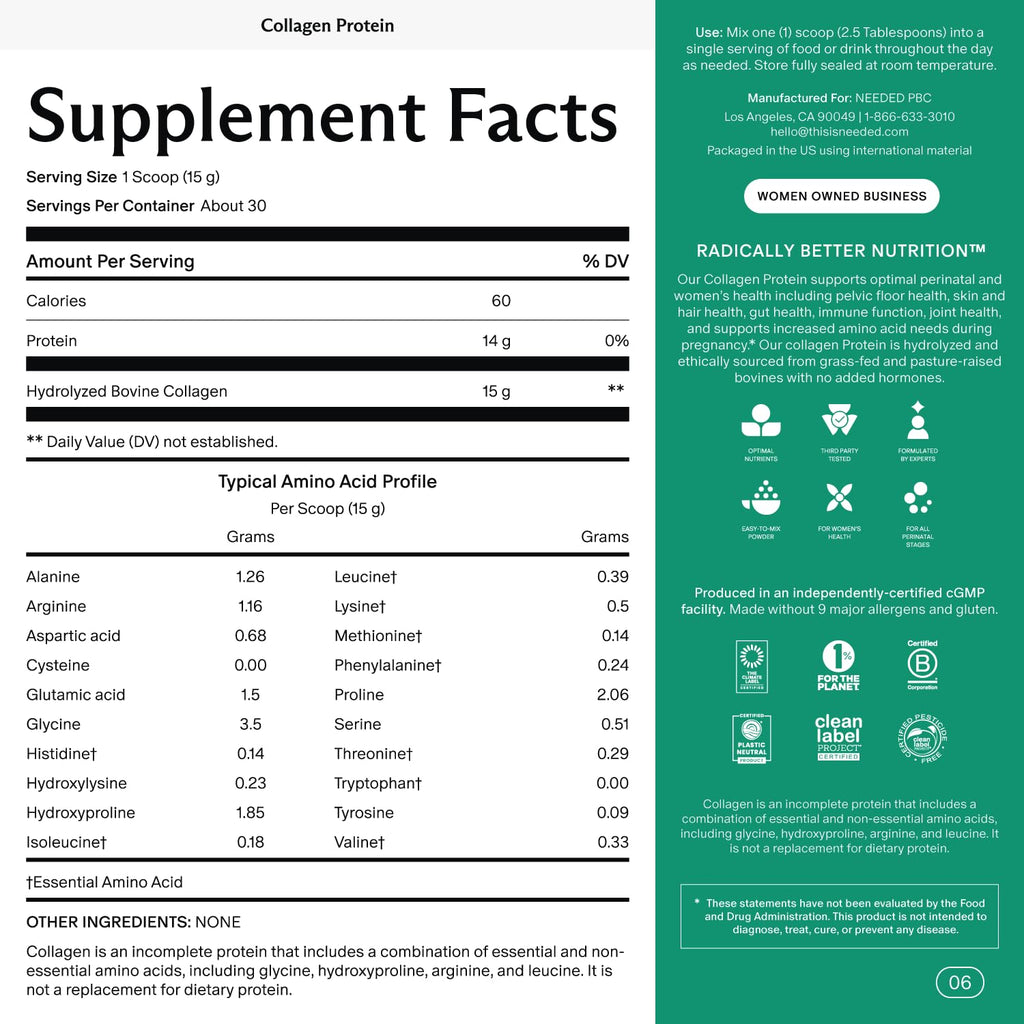 Needed. Hydrolyzed Collagen Protein Powder | Expert-Backed & Clean Sourced | Supports Skin, Hair, Joints | Grass-fed, Pasture-Raised, Hormone-Free | 1lb - Maple Wellness Supplements
