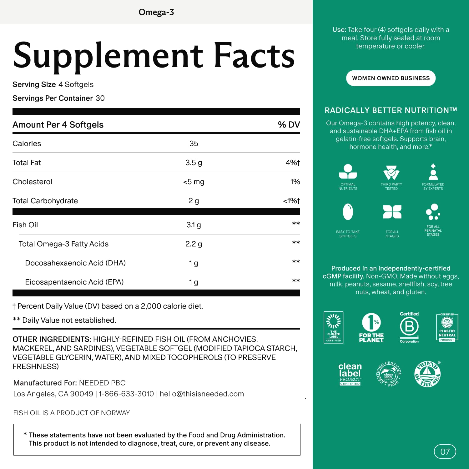 Needed. Prenatal Omega-3 - High Potency Dose of Sustainably Sourced Fish Oil, 1000mg DHA, 1000mg EPA, Encased in a Gelatin-Free, Plant-Based Softgel Shell - TrustMedUSA