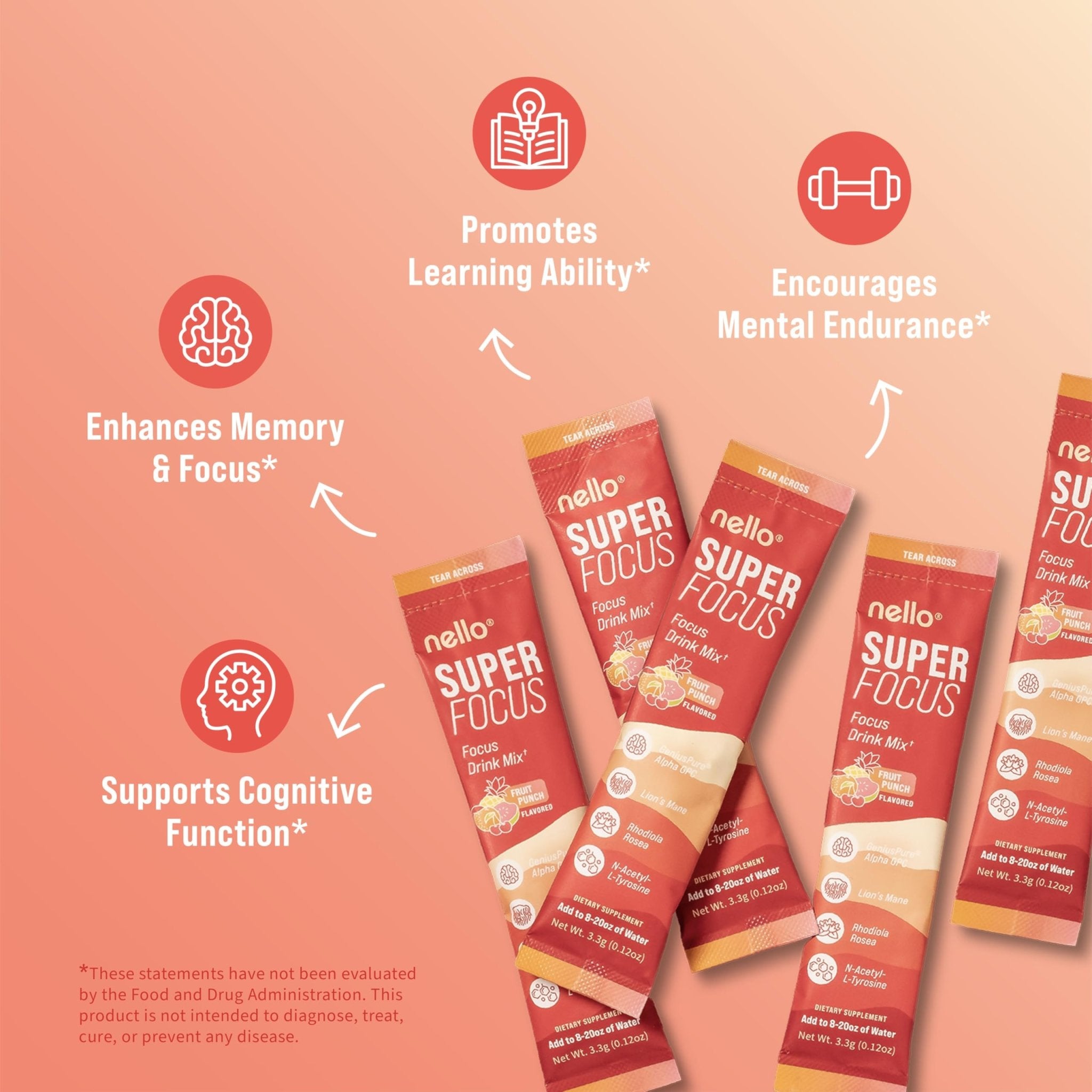 Nello Superfocus Focus Drink Mix – Fruit Punch Flavor – Alpha GPC, Lion’s Mane, Rhodiola & N-Acetyl L-Tyrosine – Sugar-Free, On-the-Go Packets – 20 Servings - TrustMedUSA