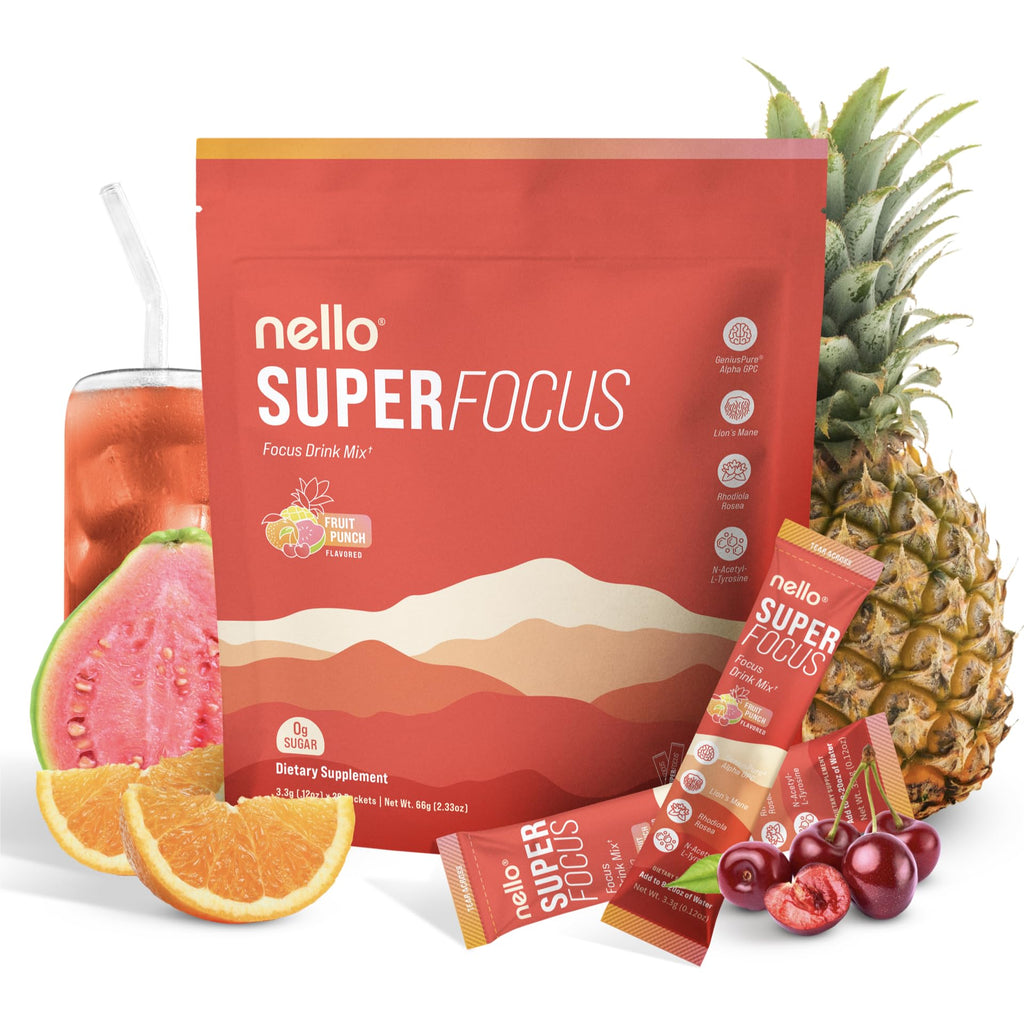 Nello Superfocus Focus Drink Mix – Fruit Punch Flavor – Alpha GPC, Lion’s Mane, Rhodiola & N-Acetyl L-Tyrosine – Sugar-Free, On-the-Go Packets – 20 Servings - TrustMedUSA