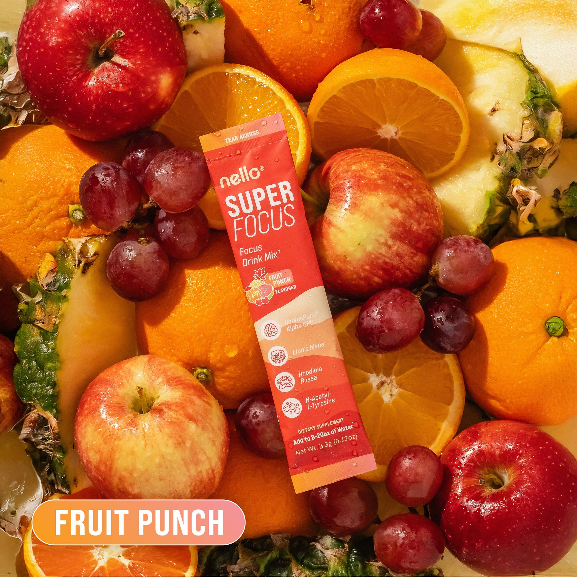 Nello Superfocus Focus Drink Mix – Fruit Punch Flavor – Alpha GPC, Lion’s Mane, Rhodiola & N-Acetyl L-Tyrosine – Sugar-Free, On-the-Go Packets – 20 Servings - TrustMedUSA