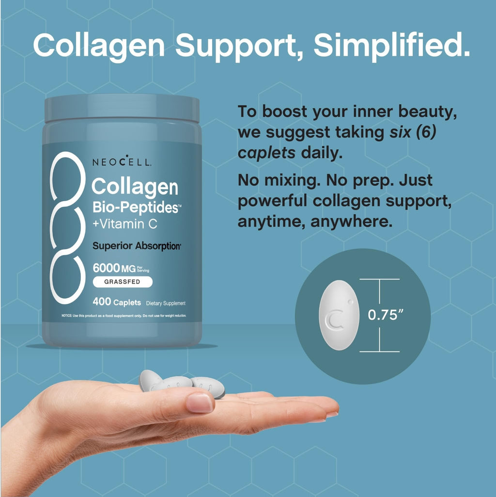 NeoCell Collagen Peptides Pills | 400 Caplets | Grass Fed | with Vitamin C | Superior Absorption Formula | for Women and Men - Maple Wellness Supplements