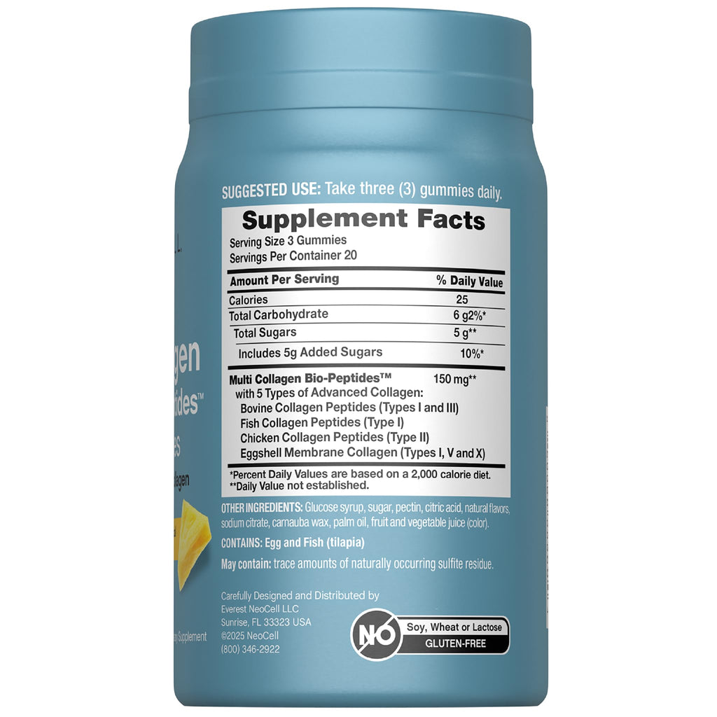 NeoCell Multi Collagen Bio-Peptides Gummies | 60 ct | Tropical Flavor | Type I, II, III, V, X | Advanced BioActive Formula - Maple Wellness Supplements