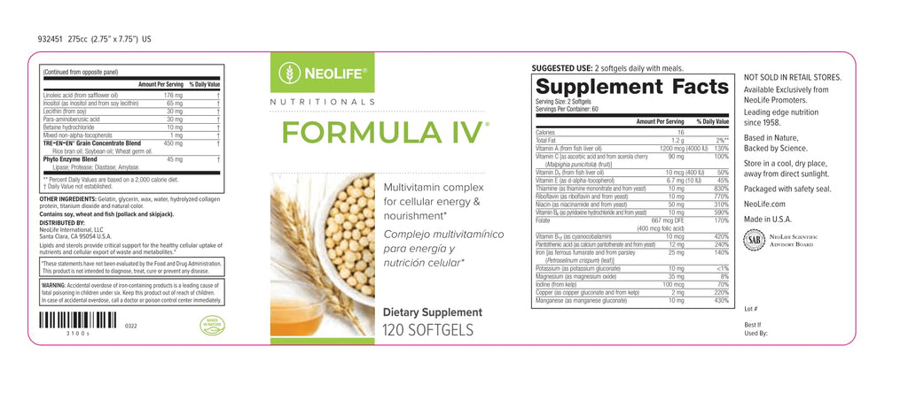 NeoLife - Formula IV Softgel - Vitamins A, C, D, E, B Complex, Multivitamins & Multi-Minerals, Multivitamin for Women & Men, TRE-EN-EN Grain Blend Supplements, Phyto Enzyme Blend - 120 Softgels - TrustMedUSA
