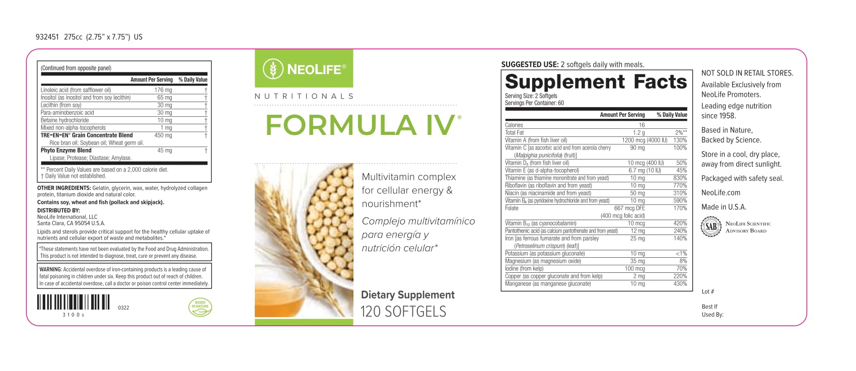 NeoLife - Formula IV Softgel - Vitamins A, C, D, E, B Complex, Multivitamins & Multi-Minerals, Multivitamin for Women & Men, TRE-EN-EN Grain Blend Supplements, Phyto Enzyme Blend - 120 Softgels - TrustMedUSA