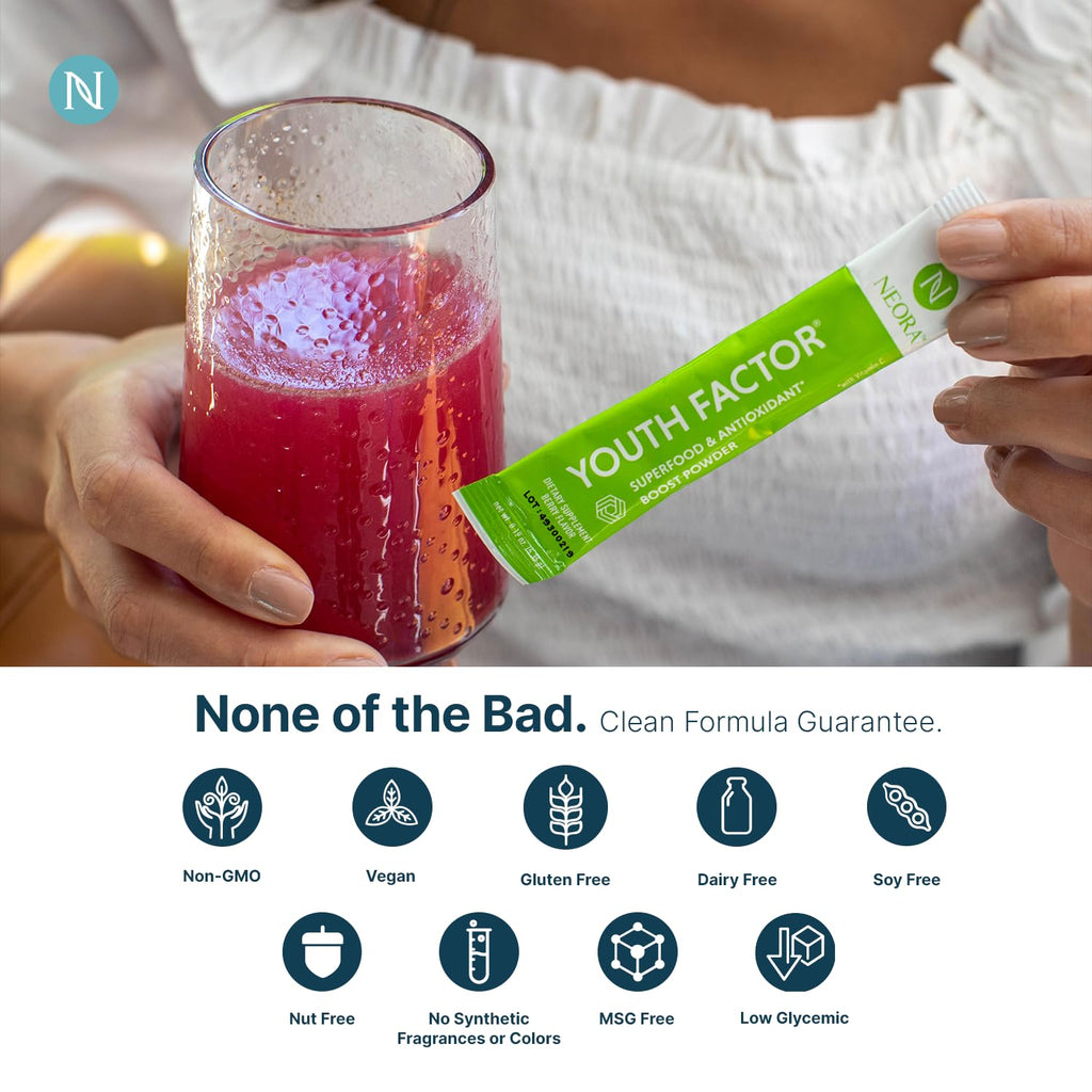 NEORA Youth Factor - Superfood Boost Powder - pH Balance, Hair Skin Nails Support, Fruits & Veggies Equivalent, Nutrient Absorption - 30 Packets - TrustMedUSA