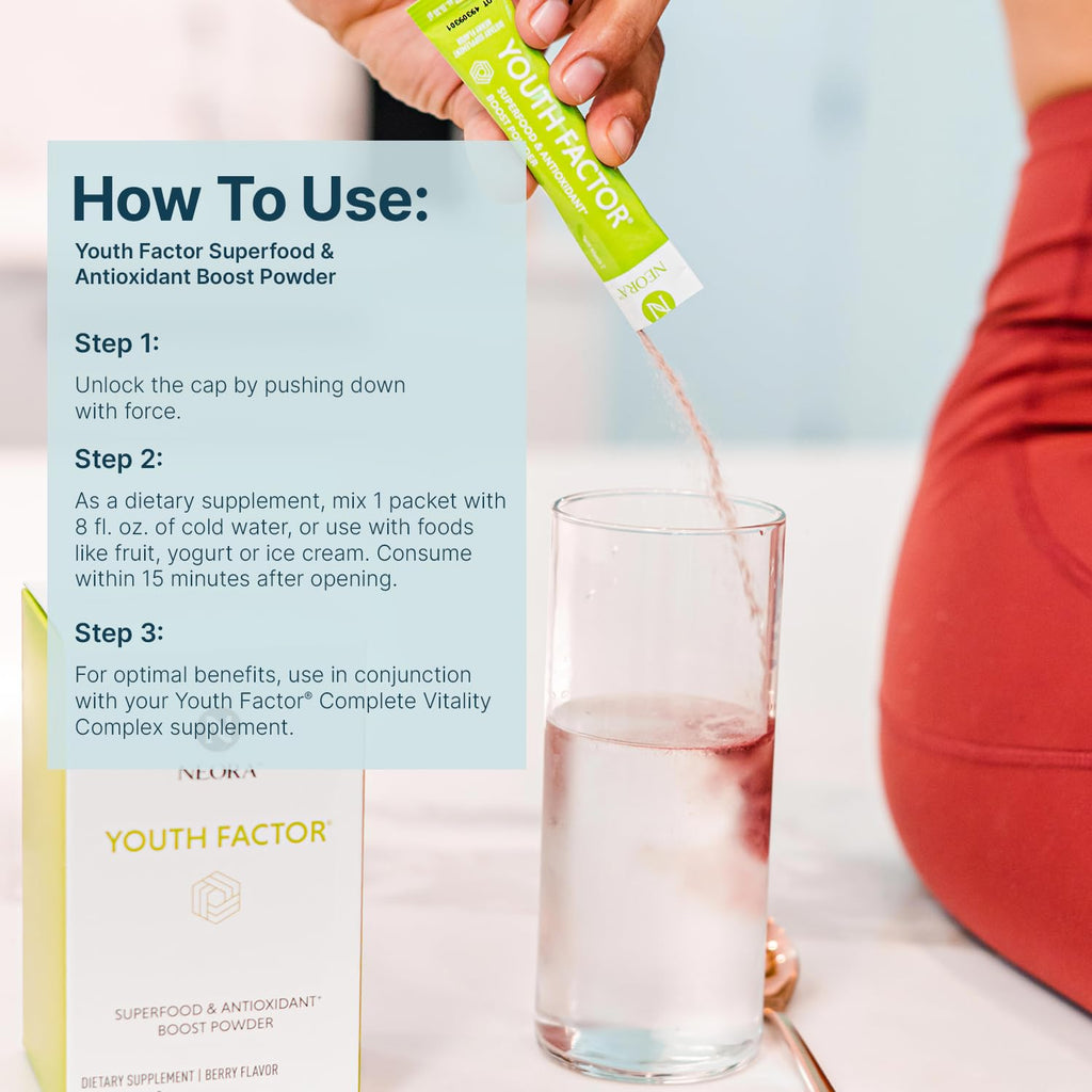 NEORA Youth Factor - Superfood Boost Powder - pH Balance, Hair Skin Nails Support, Fruits & Veggies Equivalent, Nutrient Absorption - 30 Packets - TrustMedUSA