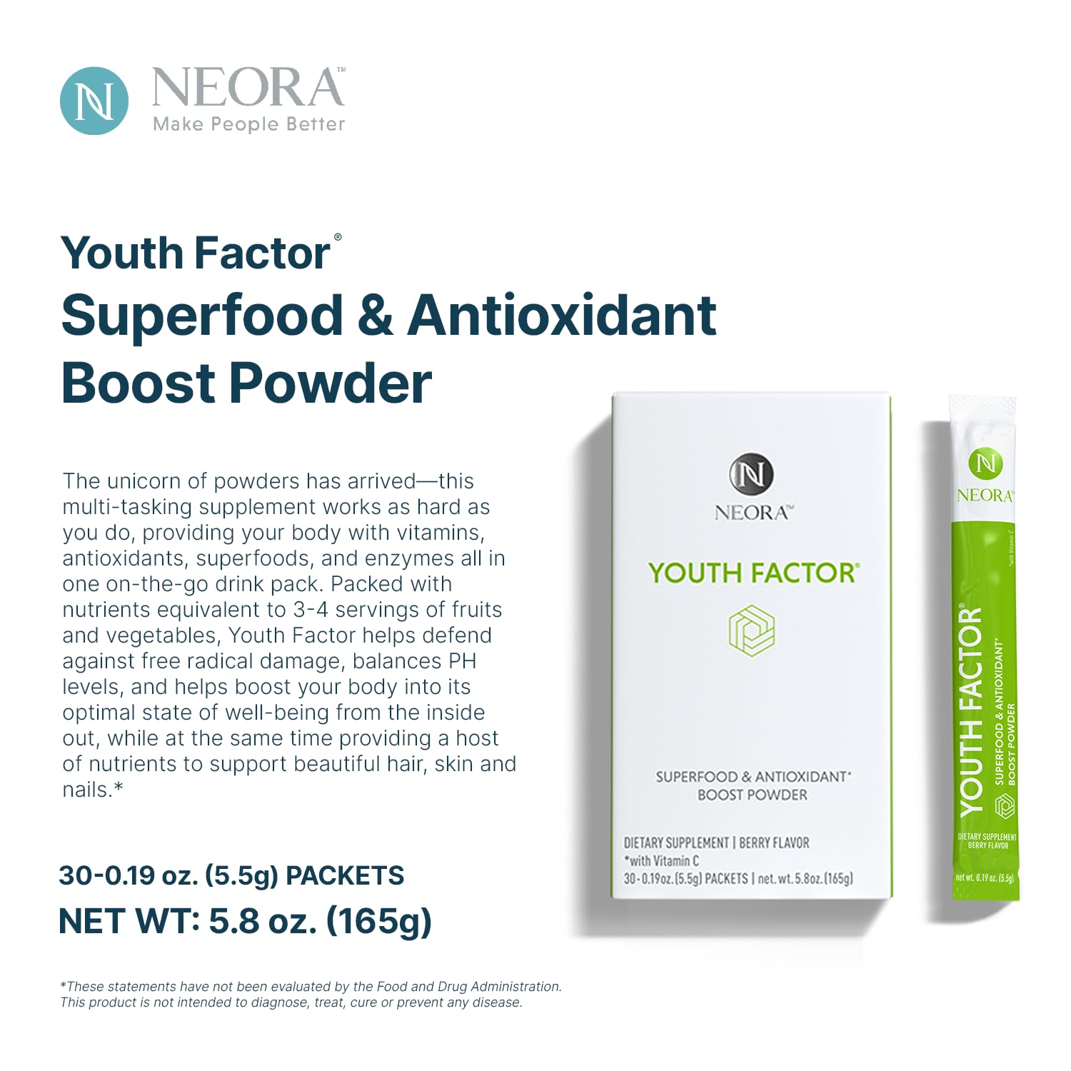 NEORA Youth Factor - Superfood Boost Powder - pH Balance, Hair Skin Nails Support, Fruits & Veggies Equivalent, Nutrient Absorption - 30 Packets - TrustMedUSA