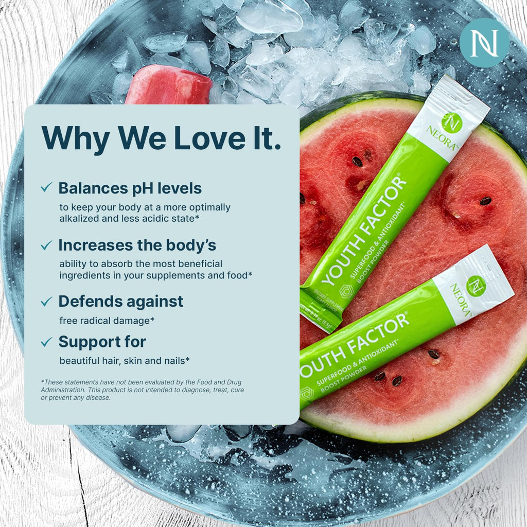 NEORA Youth Factor - Superfood Boost Powder - pH Balance, Hair Skin Nails Support, Fruits & Veggies Equivalent, Nutrient Absorption - 30 Packets - TrustMedUSA
