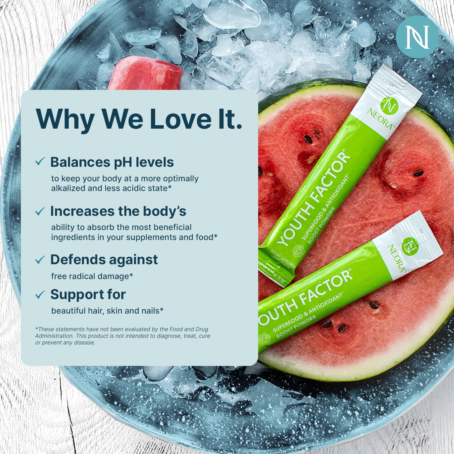 NEORA Youth Factor - Superfood Boost Powder - pH Balance, Hair Skin Nails Support, Fruits & Veggies Equivalent, Nutrient Absorption - 30 Packets - TrustMedUSA