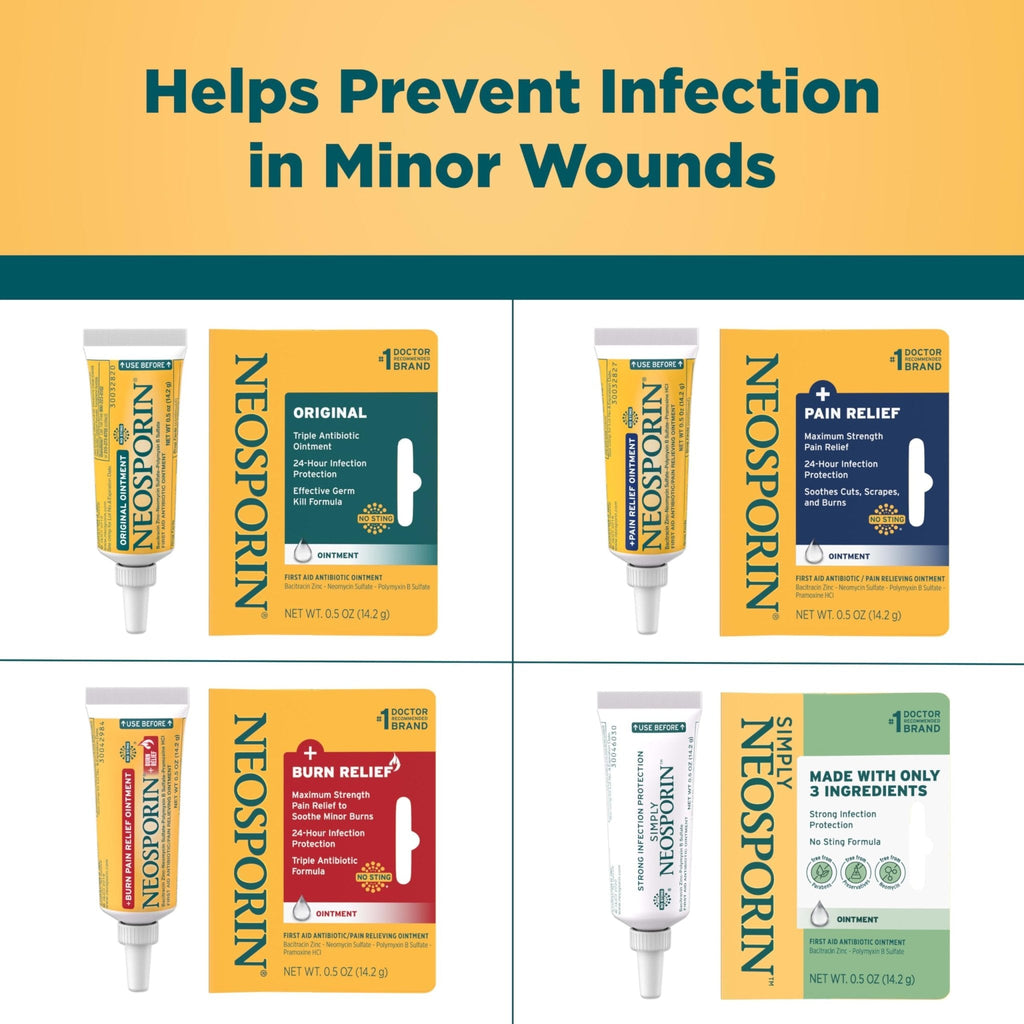 Neosporin Original First Aid Triple Antibiotic Ointment with Bacitracin Zinc for Infection Protection, Wound Care Treatment & Helps Minimize The Appearance of Scars for Minor Wounds, .5 oz - Maple Wellness Supplements