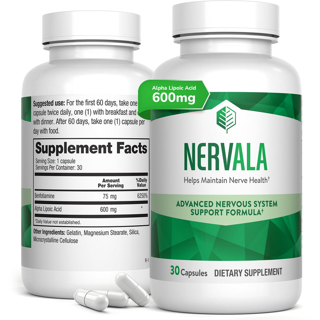 Nervala - Alpha Lipoic Acid 600mg - ALA Supplement Antioxidant for Nerve, Energy & Circulation Support- Extra Strength with Benfotiamine - Made in USA, Lab Tested - 30 Capsules, 1 Month Supply - TrustMedUSA