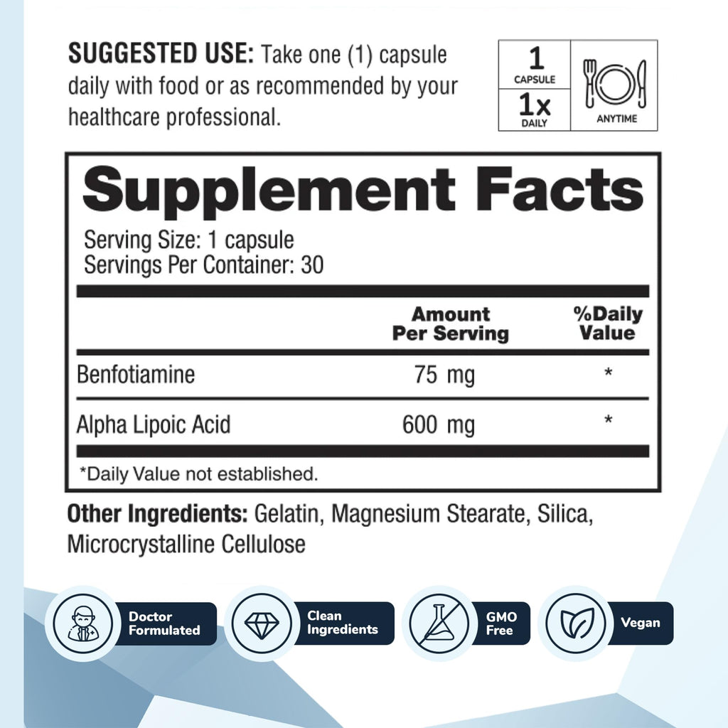 Nervala - Alpha Lipoic Acid 600mg - ALA Supplement Antioxidant for Nerve, Energy & Circulation Support- Extra Strength with Benfotiamine - Made in USA, Lab Tested - 30 Capsules, 1 Month Supply - TrustMedUSA