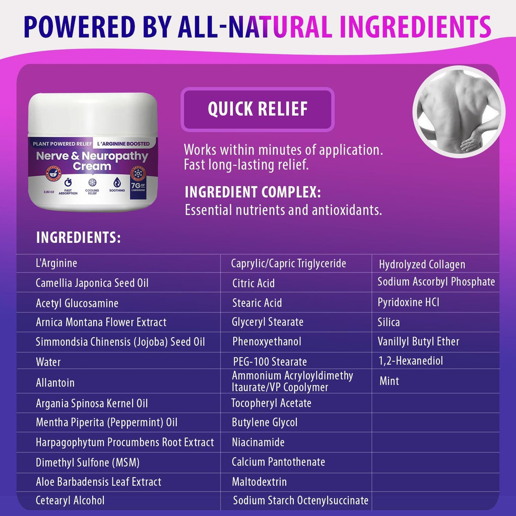 Nerve and Neuropathy Cream – Plant Powered Relief for Foot, Hands, Legs, Toes Includes 7grams of L’Arginine; Vitamin B6, Arnica, Aloe -2.82oz - TrustMedUSA