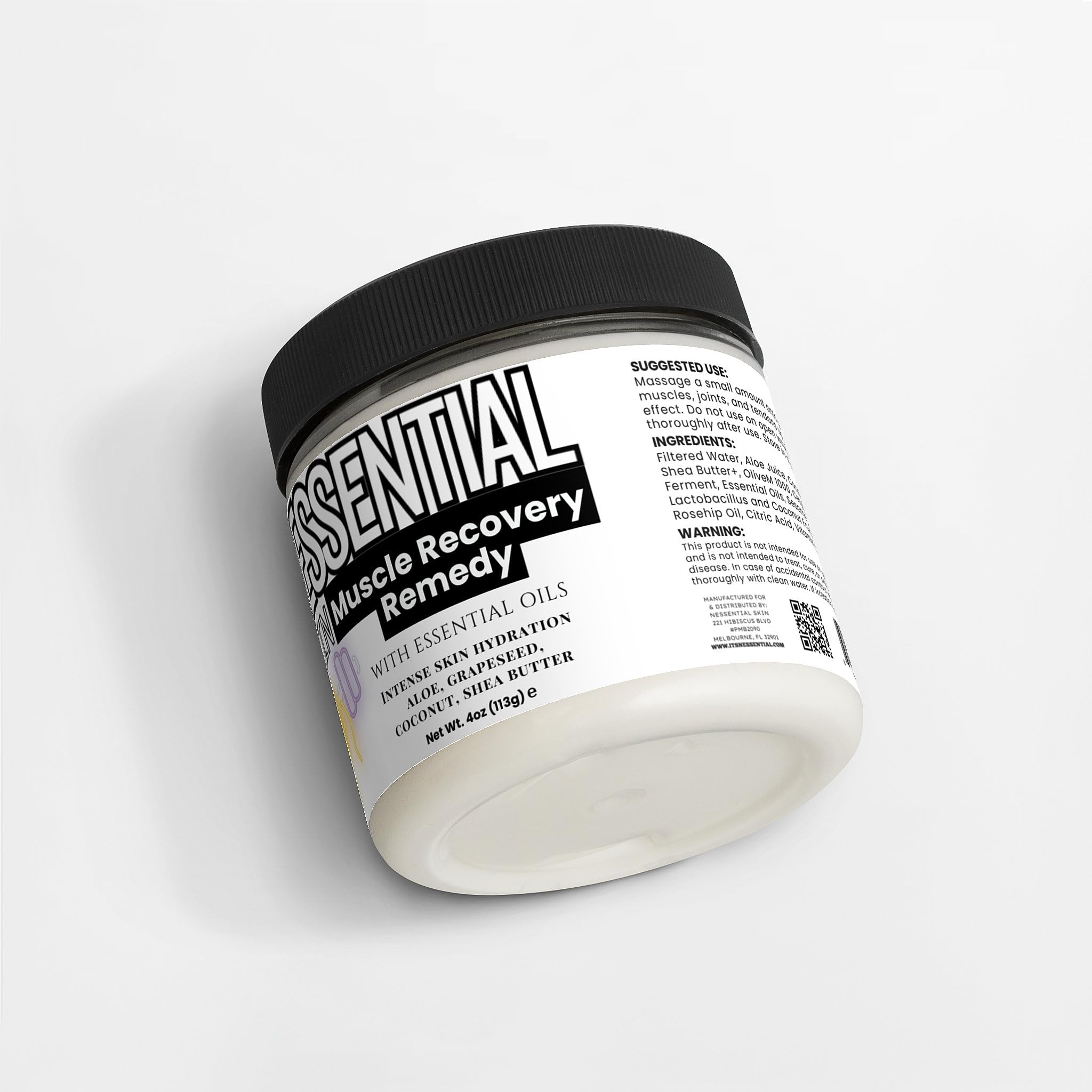 Nessential Skin Muscle Recovery Remedy with Essential Oils, Intense Hydration Cream, Natural Ingredients, Aloe, Grapeseed, Coconut, Shea Butter, 4 oz - TrustMedUSA