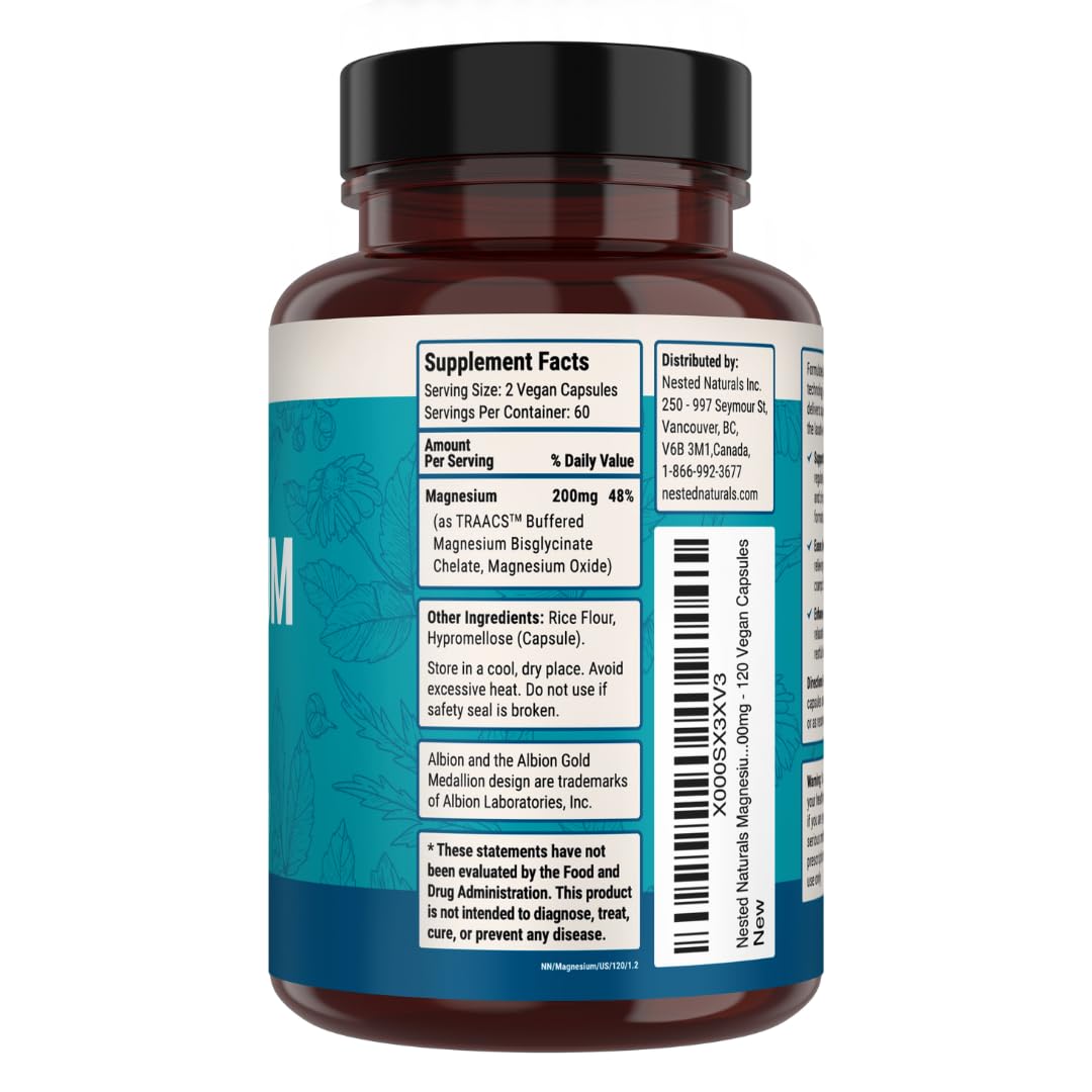 Nested Naturals Magnesium Glycinate Chelate - 200mg Chelated Magnesium Supplement for Muscle Cramps, Relaxation, & Sleep Support - 100% Albion TRACCS Buffered - TrustMedUSA