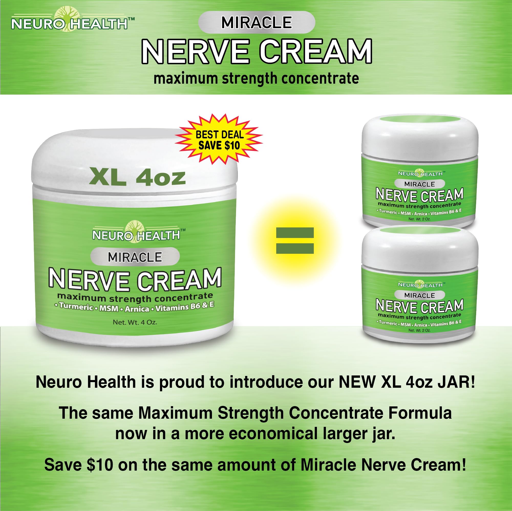 Neuro Health Miracle Nerve Cream - XL 4oz JAR - Maximum Strength - Turmeric and Arnica Blend for Neuropathy Discomfort Relief - Soothing Foot & Hand Formula with MSM, B6, E - Made in USA - TrustMedUSA