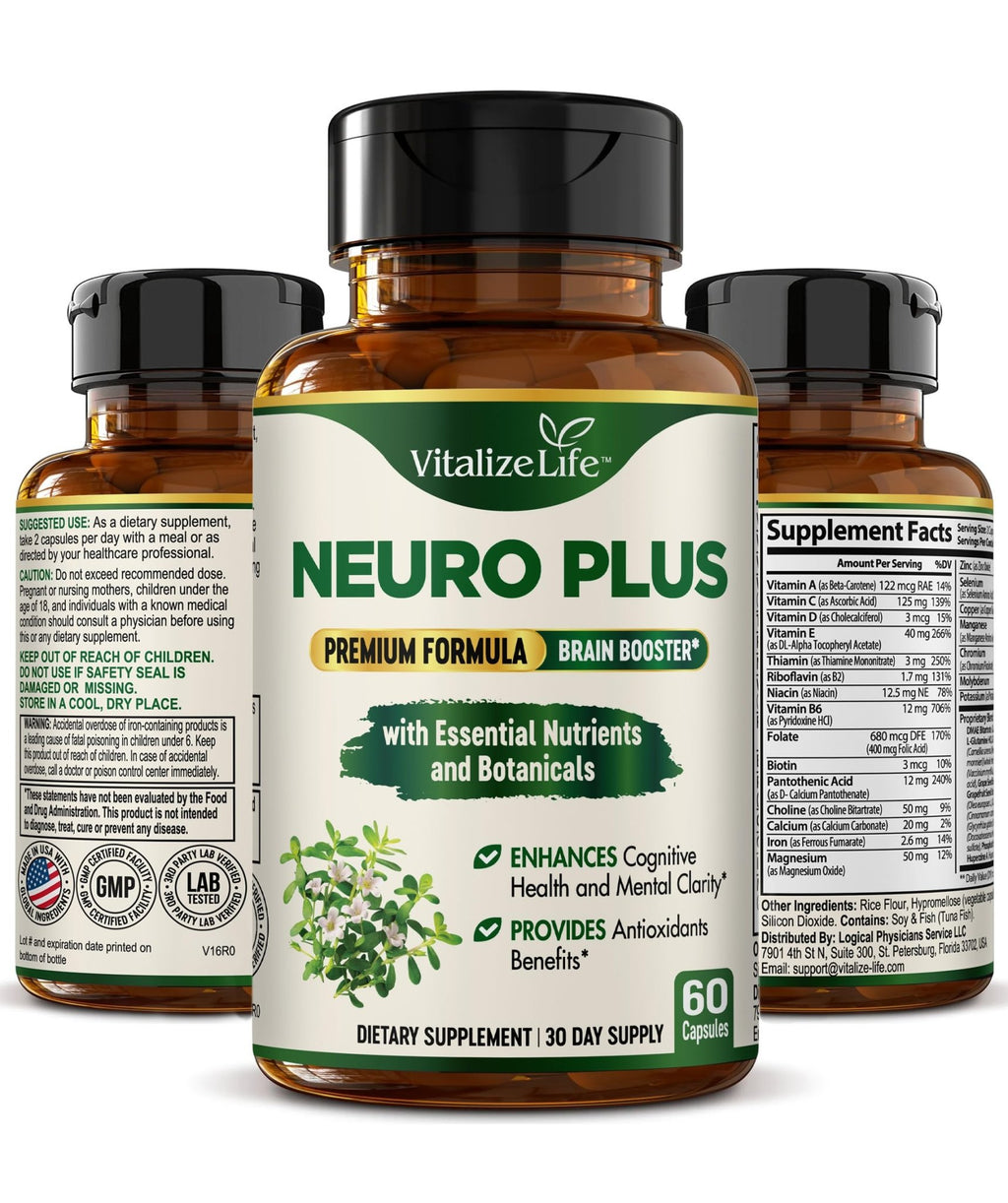 Neuro Plus Brain Supplement - Nootropic for Memory, Focus & Clarity - Neuro Brain and Focus Supplement with Bacopa Monnieri & DHA - Cognitive Support Formula - 60 Capsules - TrustMedUSA