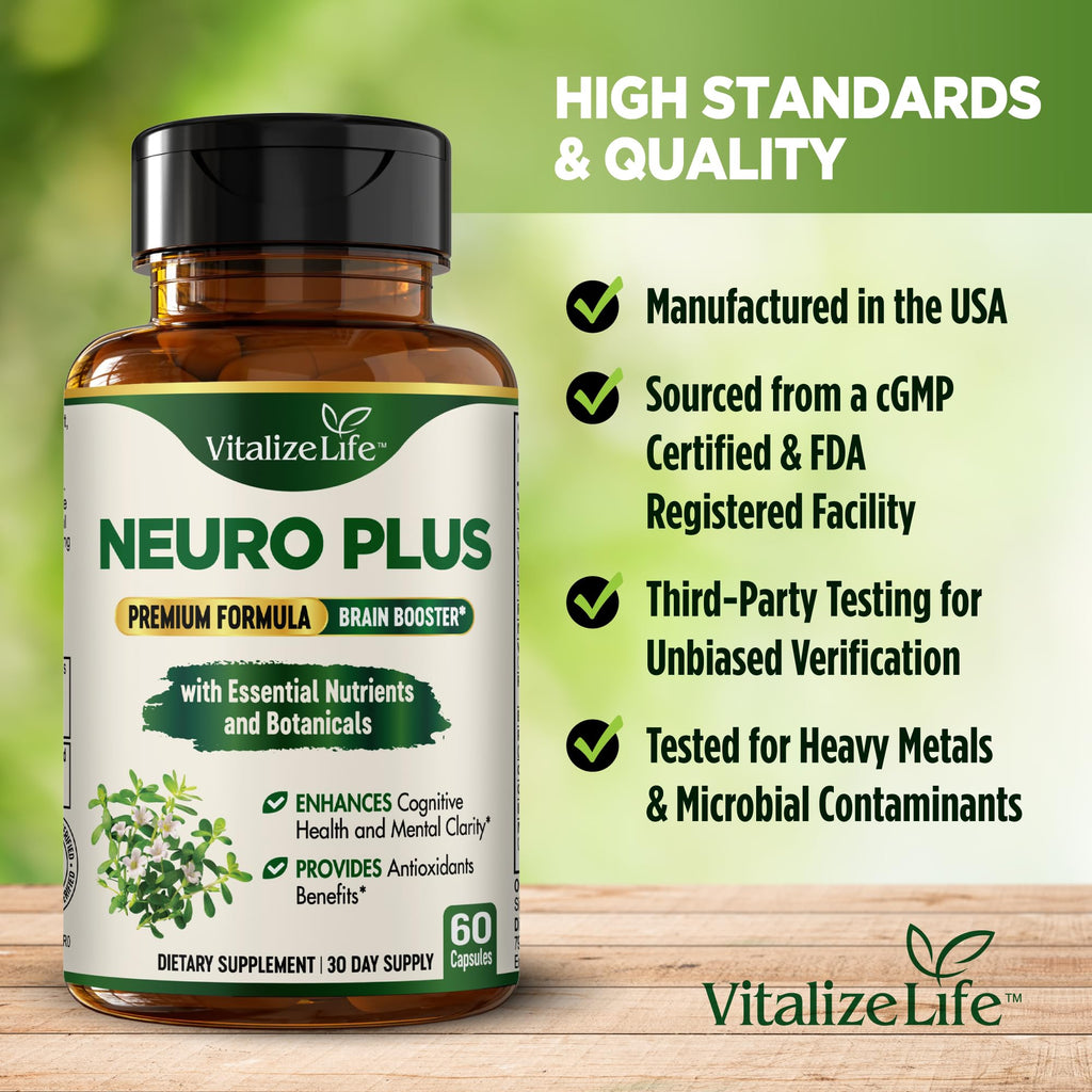 Neuro Plus Brain Supplement - Nootropic for Memory, Focus & Clarity - Neuro Brain and Focus Supplement with Bacopa Monnieri & DHA - Cognitive Support Formula - 60 Capsules - TrustMedUSA