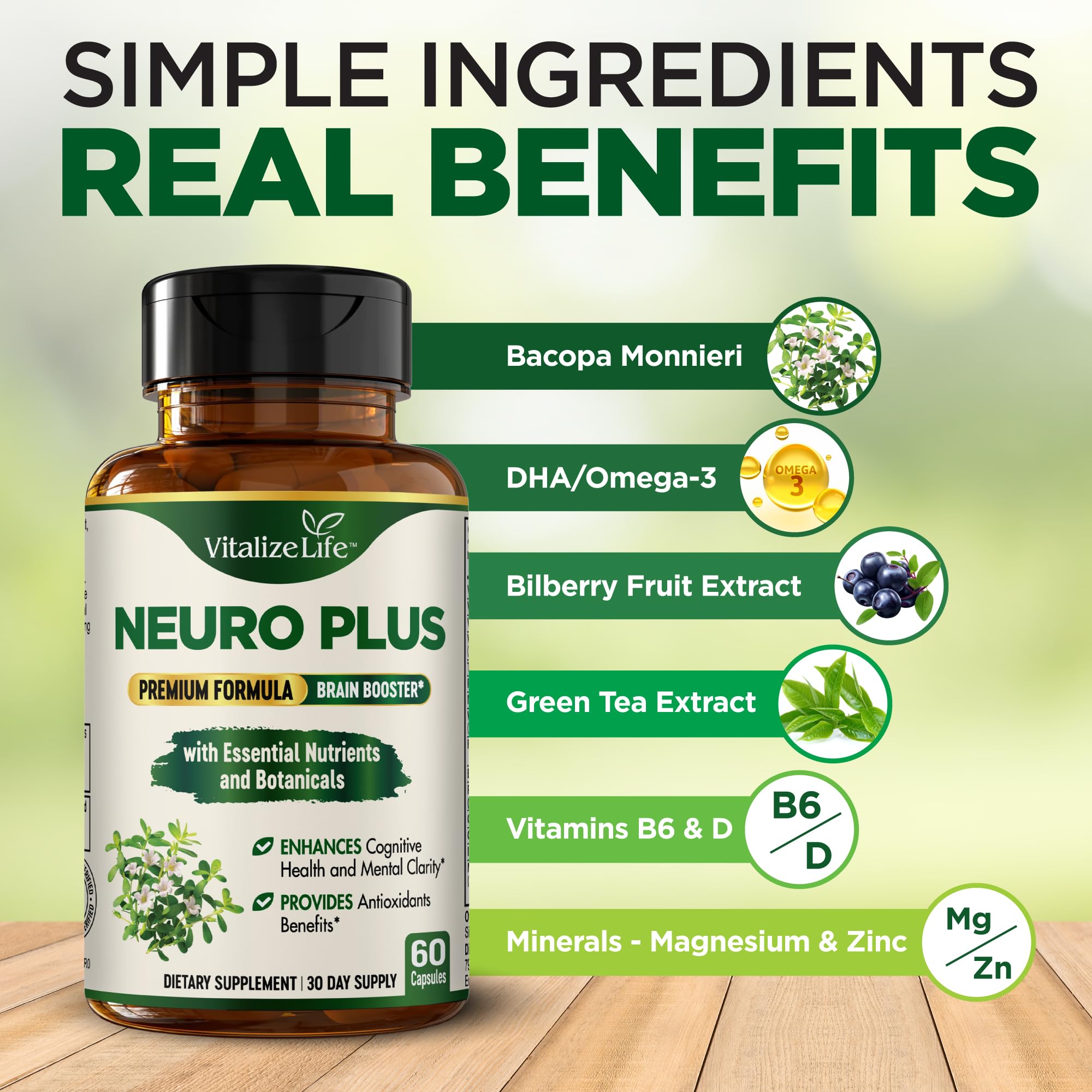 Neuro Plus Brain Supplement - Nootropic for Memory, Focus & Clarity - Neuro Brain and Focus Supplement with Bacopa Monnieri & DHA - Cognitive Support Formula - 60 Capsules - TrustMedUSA