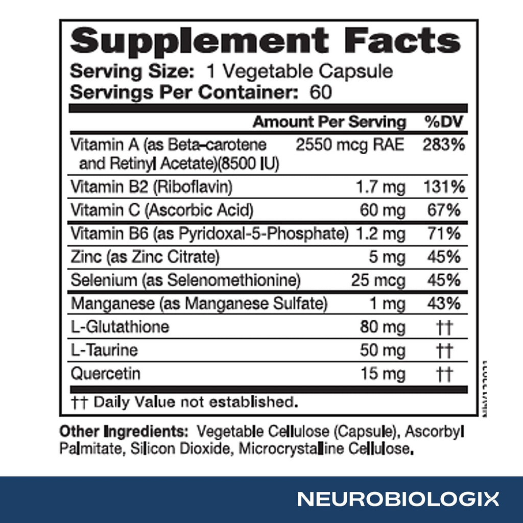 Neurobiologix Glutathione Ultra, L-Glutathione Antioxidant Complex with Vitamin C, A, B2, B6, Zinc, Selenium, Manganese, Taurine & Quercetin for Cellular Health, Gluten Free, 60 Vegetarian Capsules - TrustMedUSA